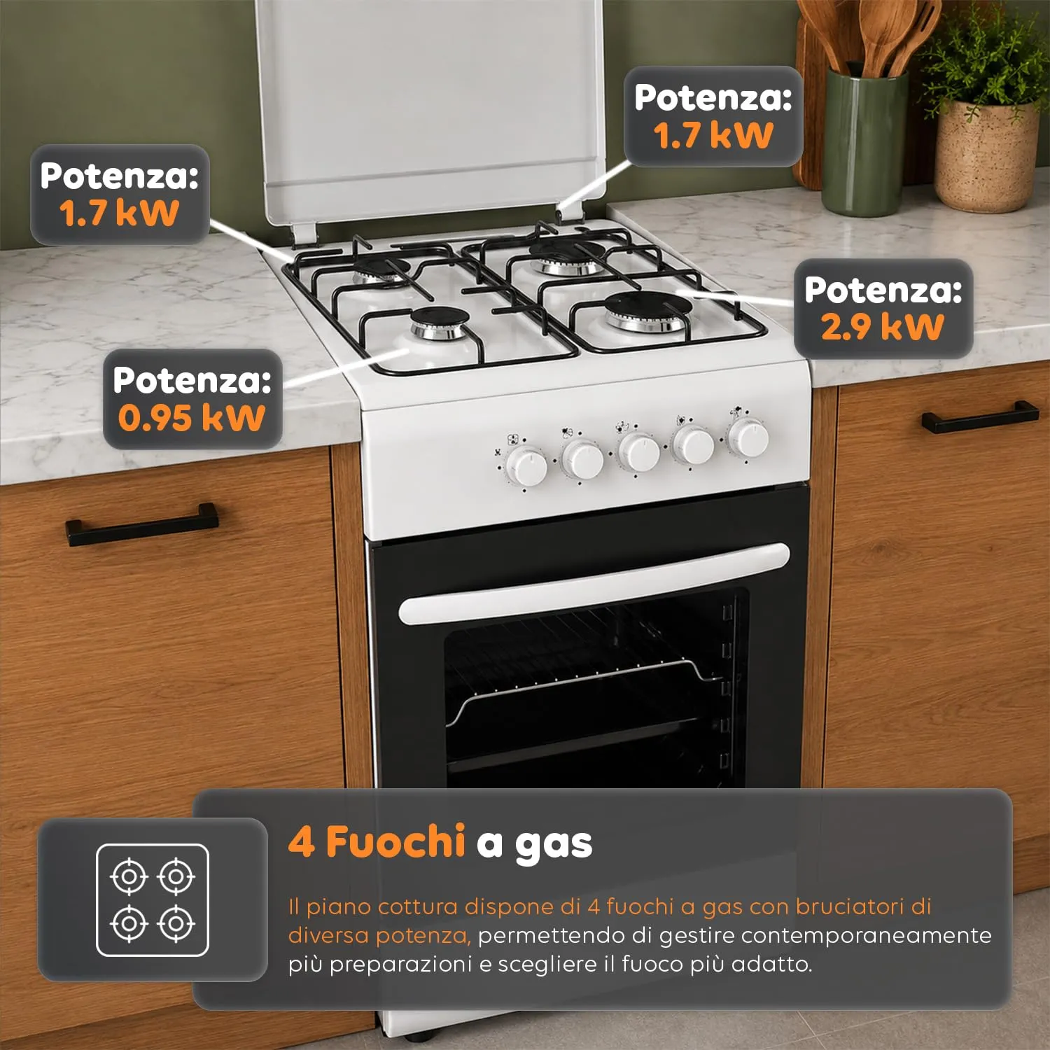 Avilia Cucina a Gas 50x50 cm con Forno 49L e 4 Fuochi, Bianco - immagine 2