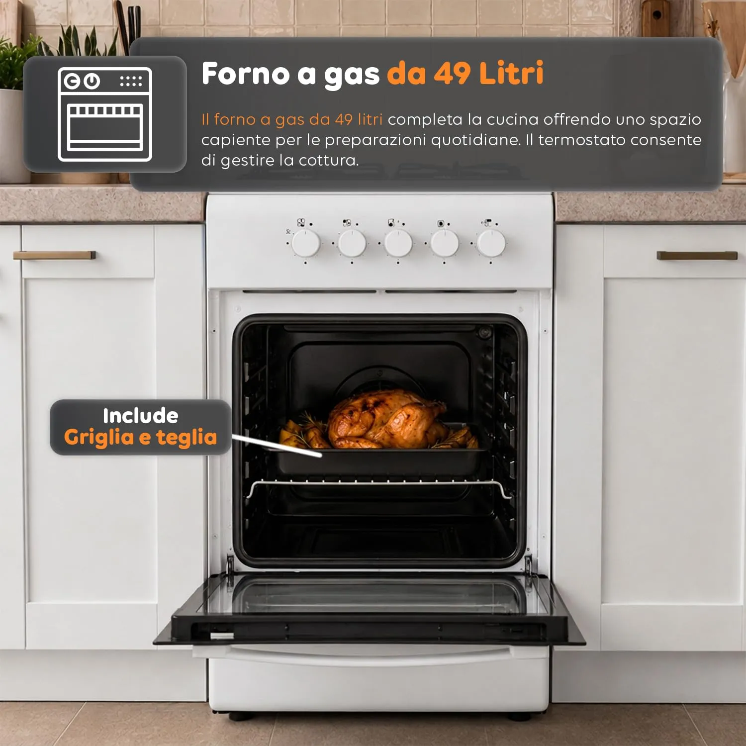Avilia Cucina a Gas 50x50 cm con Forno 49L e 4 Fuochi, Bianco - immagine 3