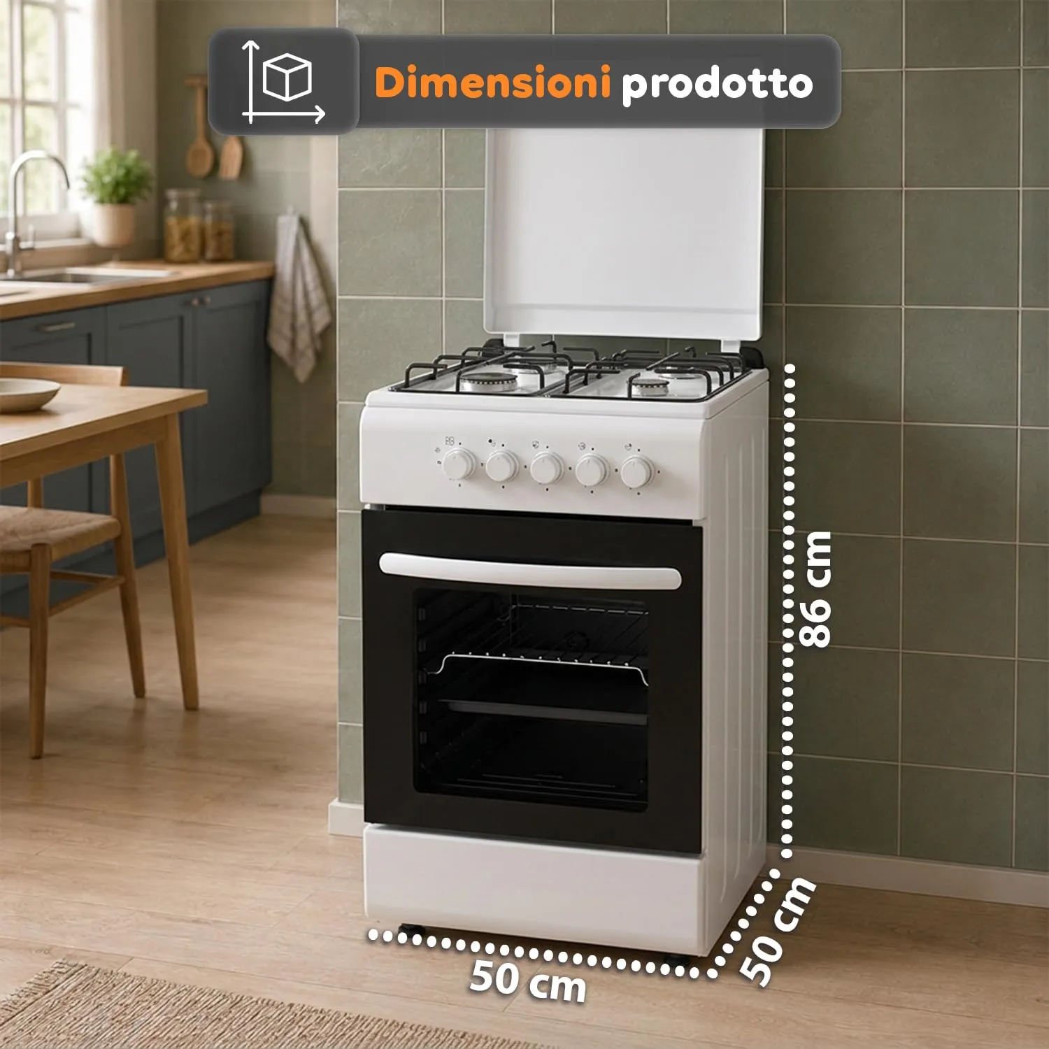 Avilia Cucina a Gas 50x50 cm con Forno 49L e 4 Fuochi, Bianco - immagine 9