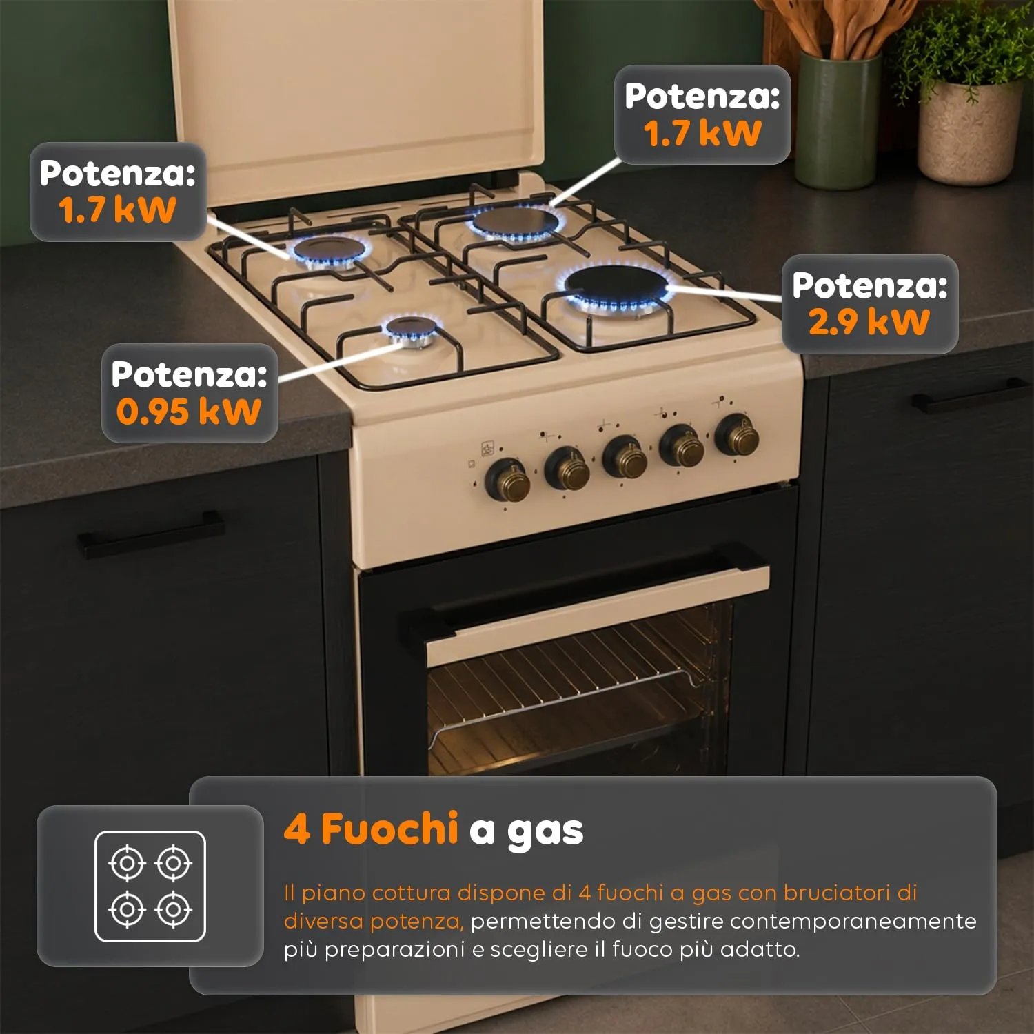 Avilia Cucina a Gas 50x50 cm con Forno 49L e 4 Fuochi, Colore Crema - immagine 2
