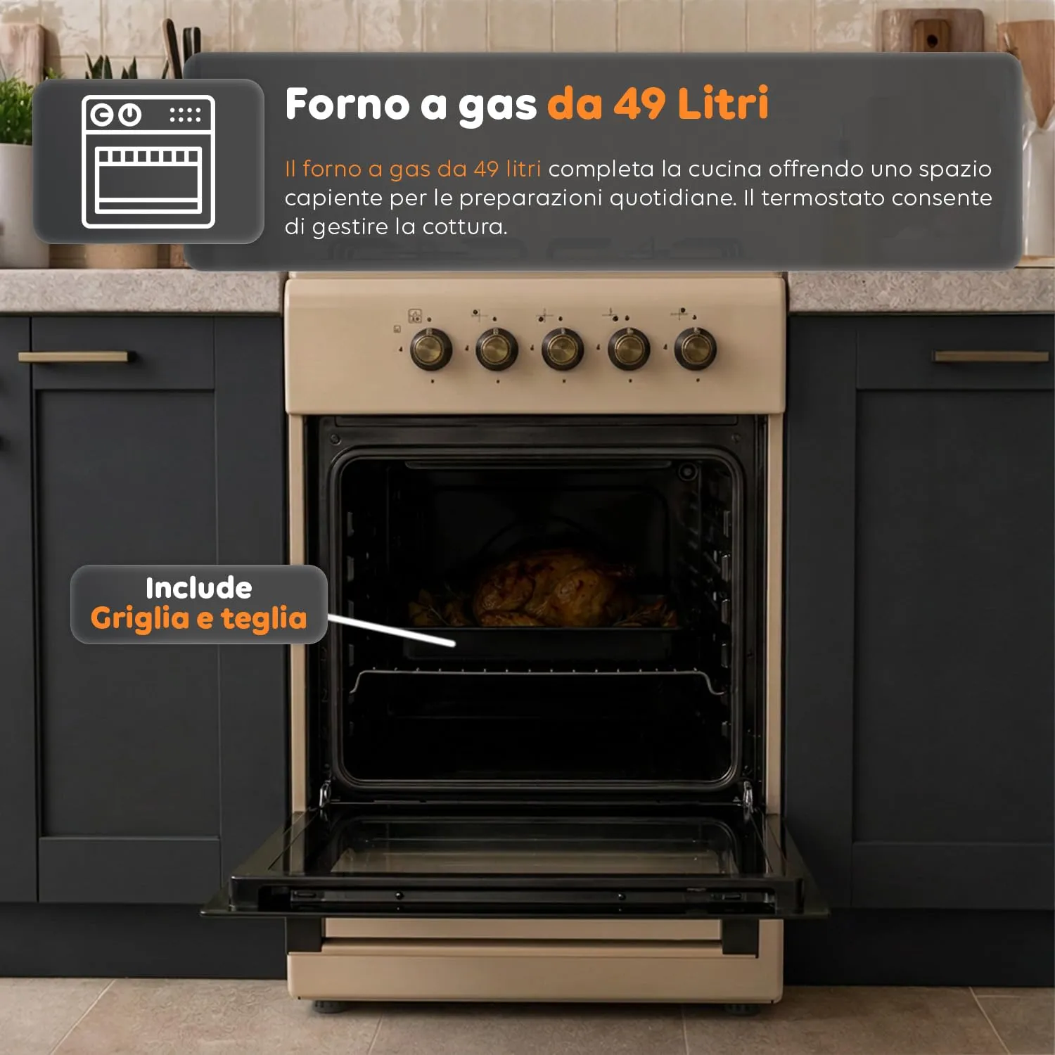 Avilia Cucina a Gas 50x50 cm con Forno 49L e 4 Fuochi, Colore Crema - immagine 3
