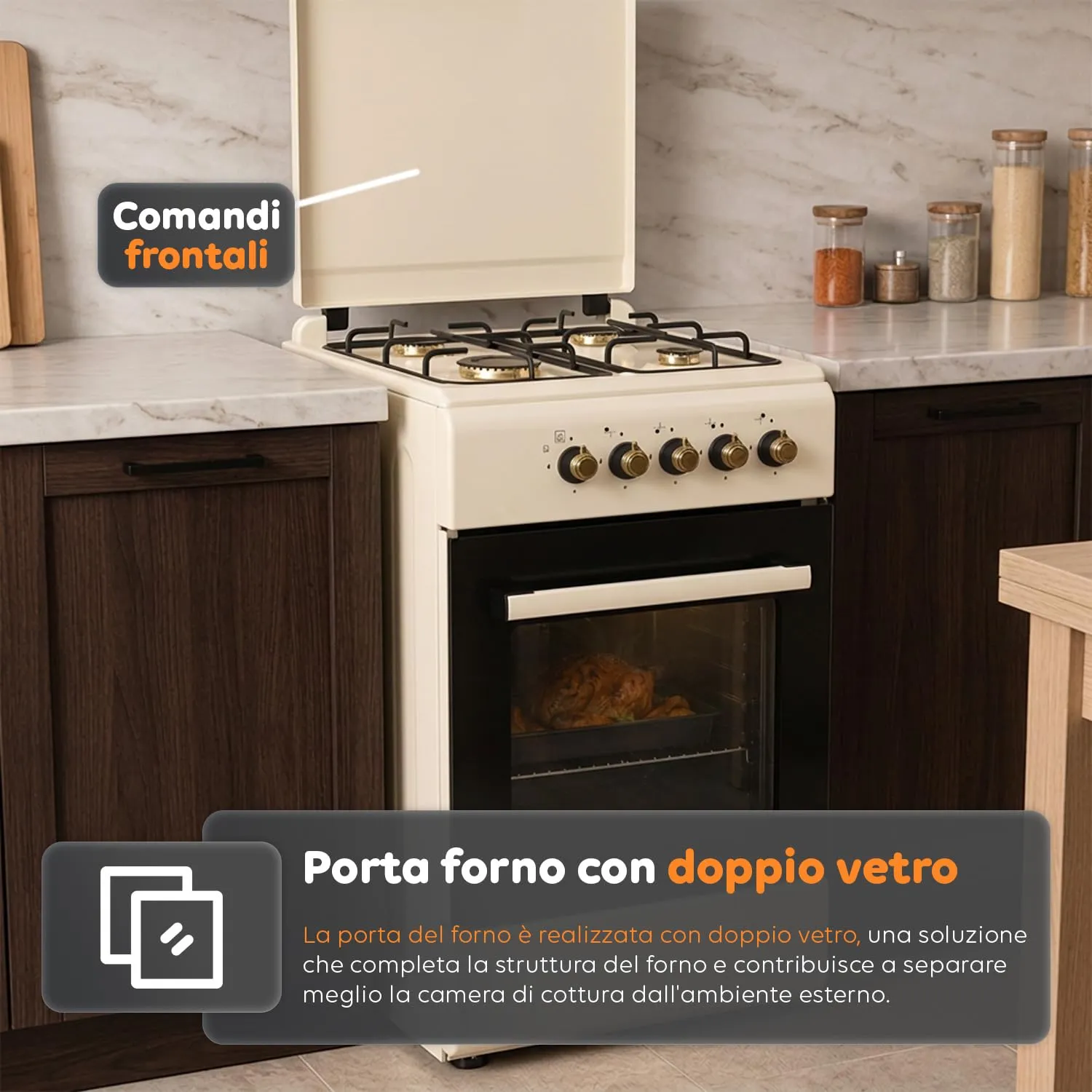 Avilia Cucina a Gas 50x50 cm con Forno 49L e 4 Fuochi, Colore Crema - immagine 4
