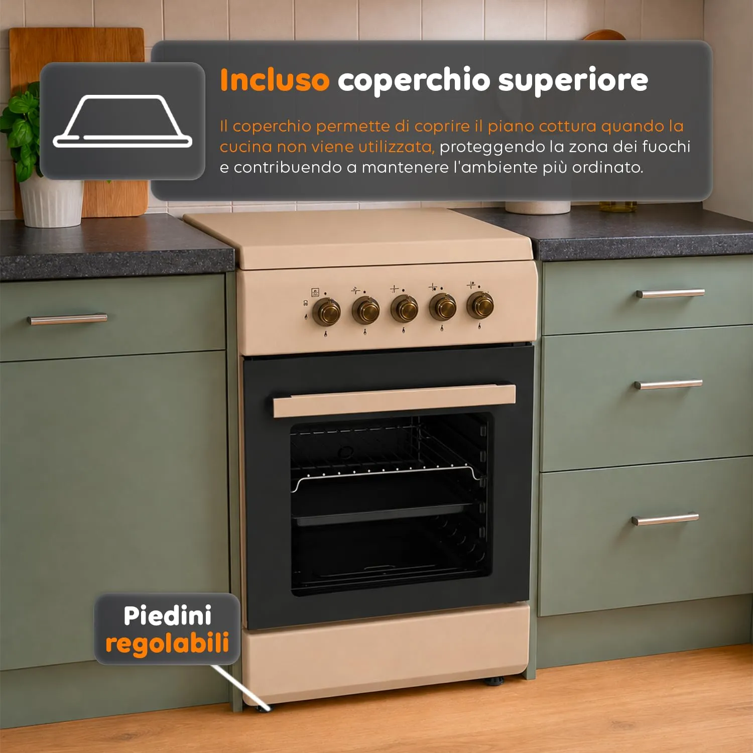 Avilia Cucina a Gas 50x50 cm con Forno 49L e 4 Fuochi, Colore Crema - immagine 7