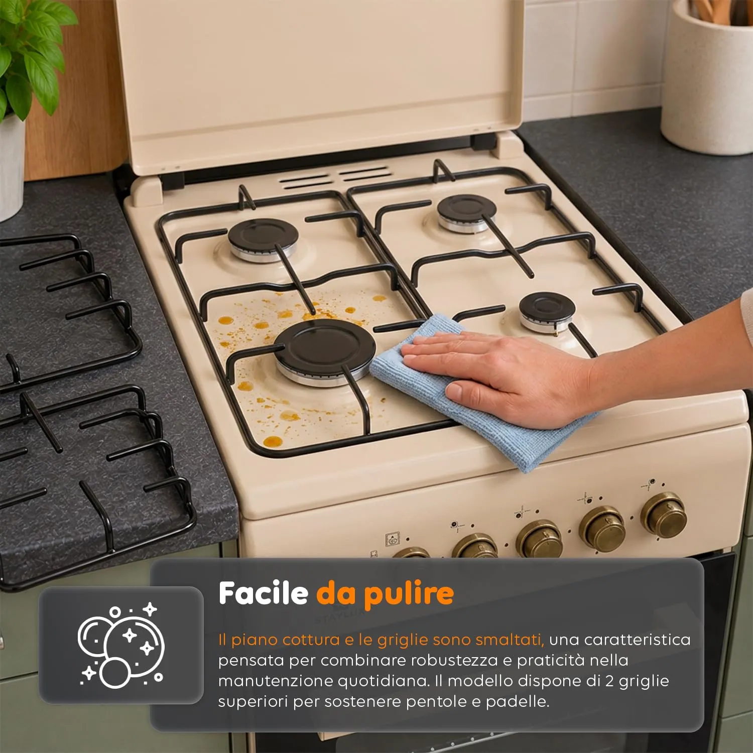 Avilia Cucina a Gas 50x50 cm con Forno 49L e 4 Fuochi, Colore Crema - immagine 8