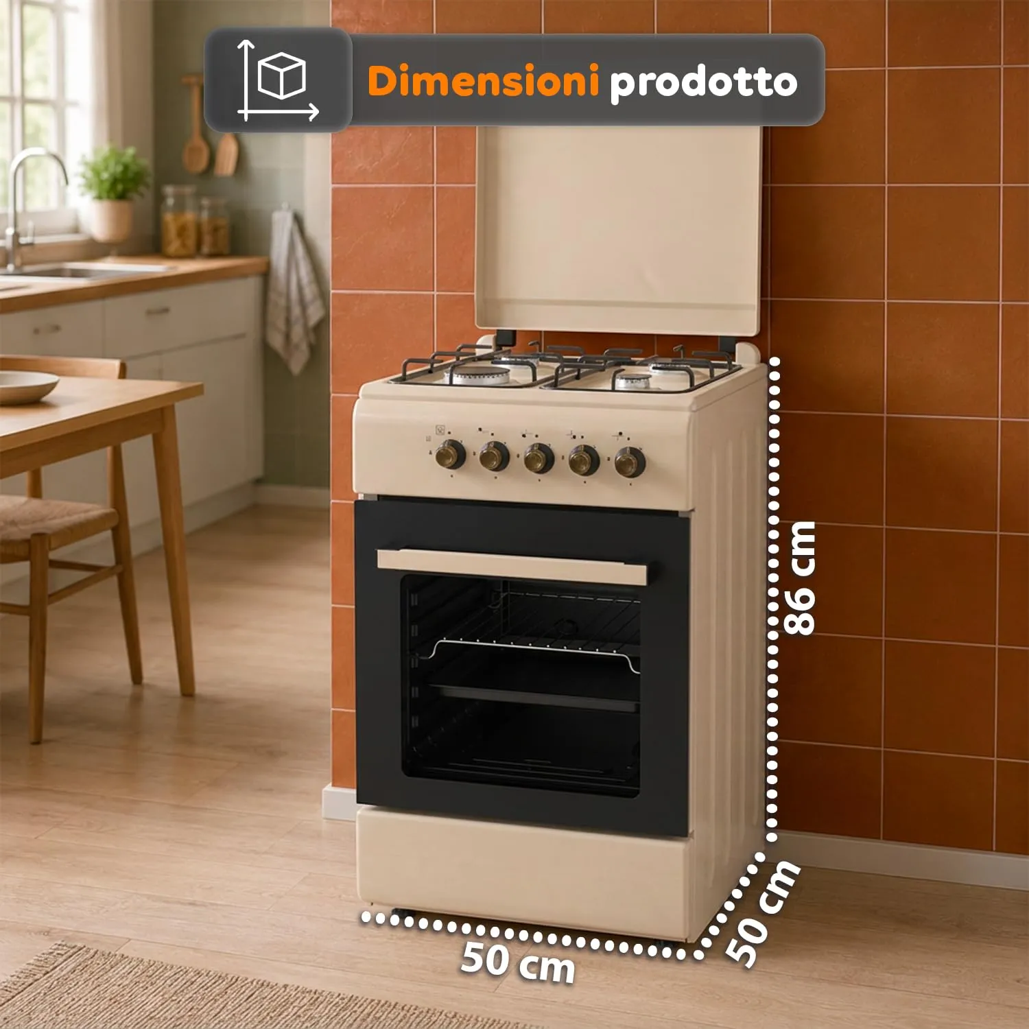 Avilia Cucina a Gas 50x50 cm con Forno 49L e 4 Fuochi, Colore Crema - immagine 9