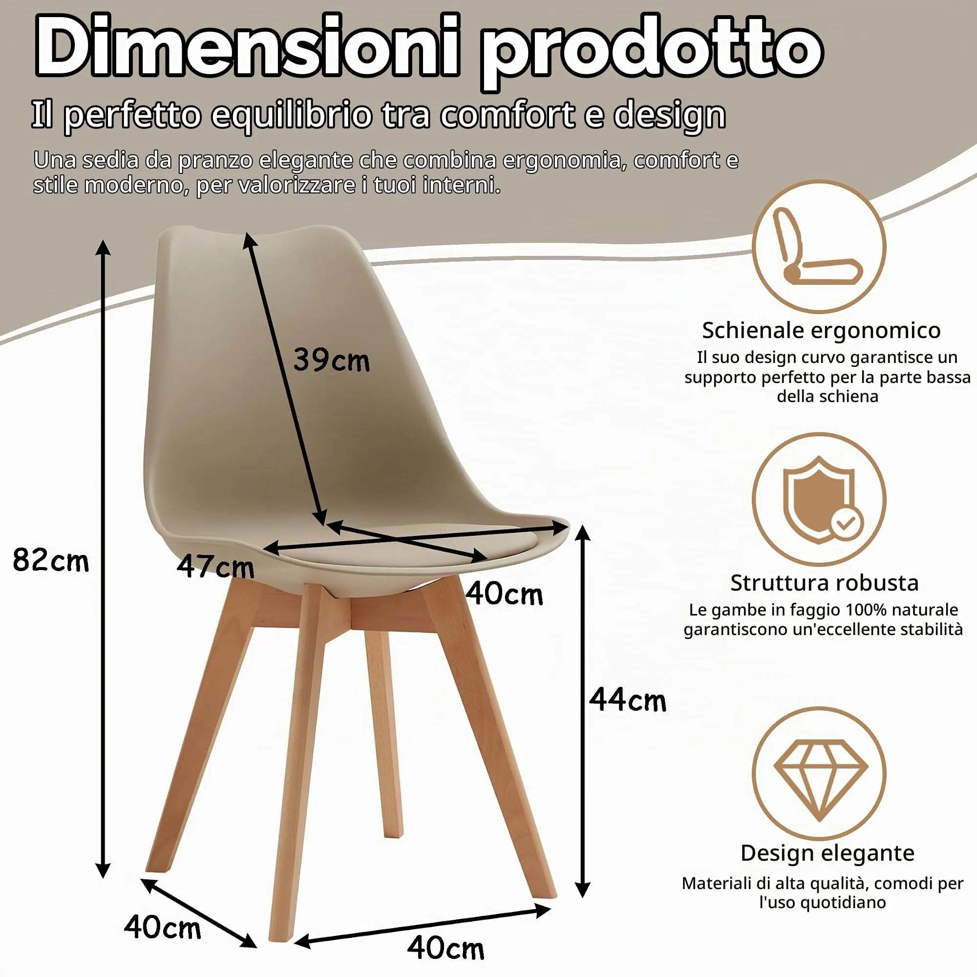 GrandCA HOME Set di 2 Sedie Imbottite con Gambe in Legno di Faggio, Cachi - immagine 5