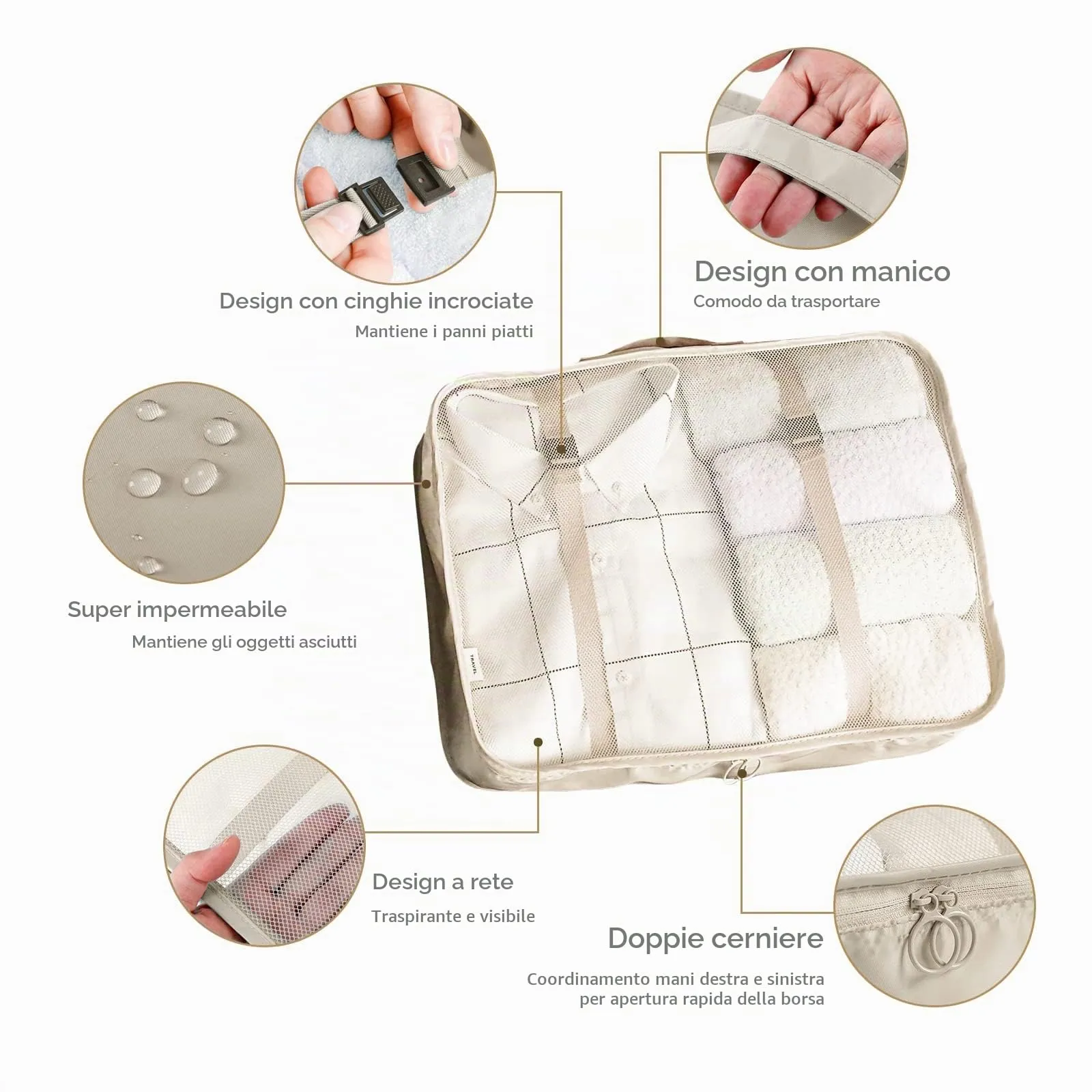BillyBath Set 8 Organizer da Viaggio Packing Cubes, Beige - immagine 3