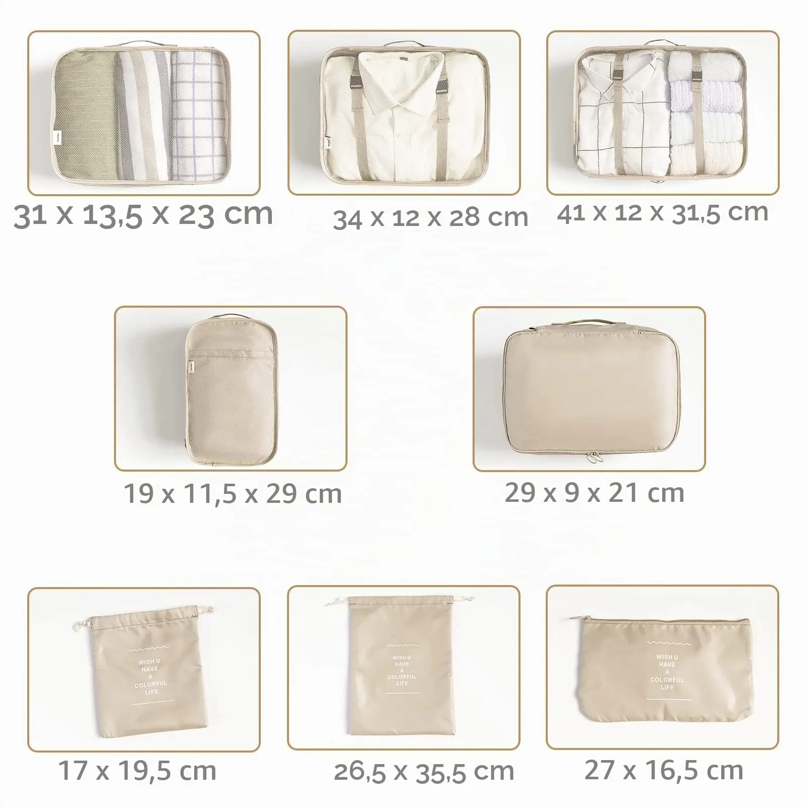 BillyBath Set 8 Organizer da Viaggio Packing Cubes, Beige - immagine 4