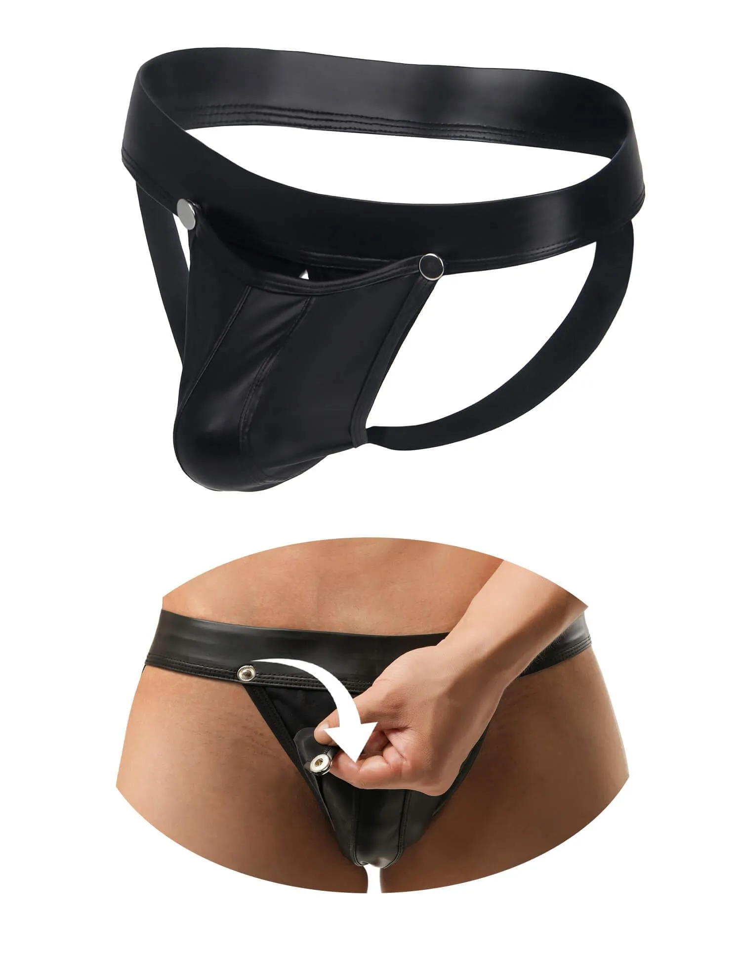 ohyeahlady Jockstrap Uomo Aperto Davanti Pelle Slip, Nero, XXL - immagine 1