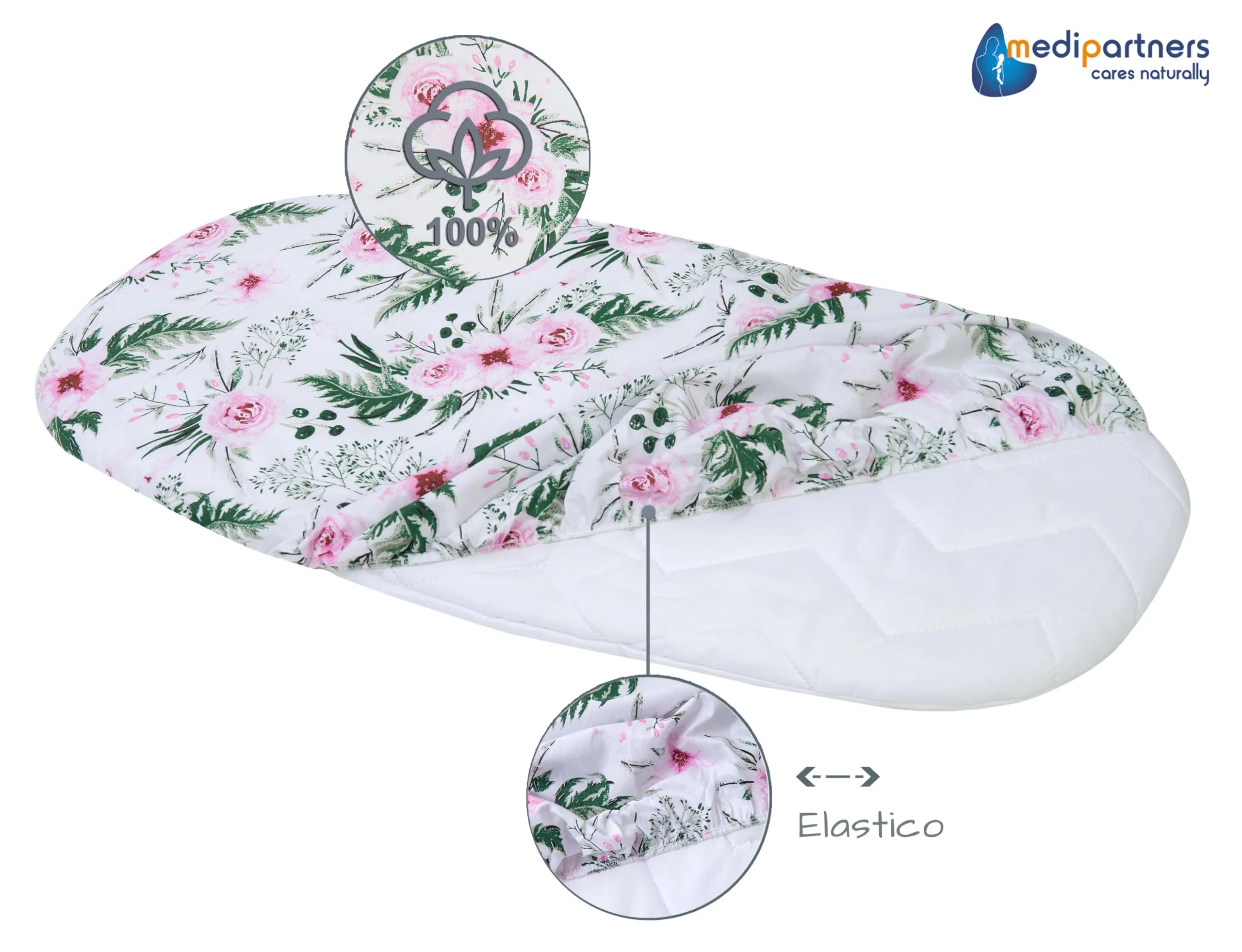 Medi Partners Lenzuola Lettino Culla 86x40 Set da 3 in Cotone per Navicella Neonato e Passeggino, Fiori Rosa-Bianco-Grigio - immagine 5