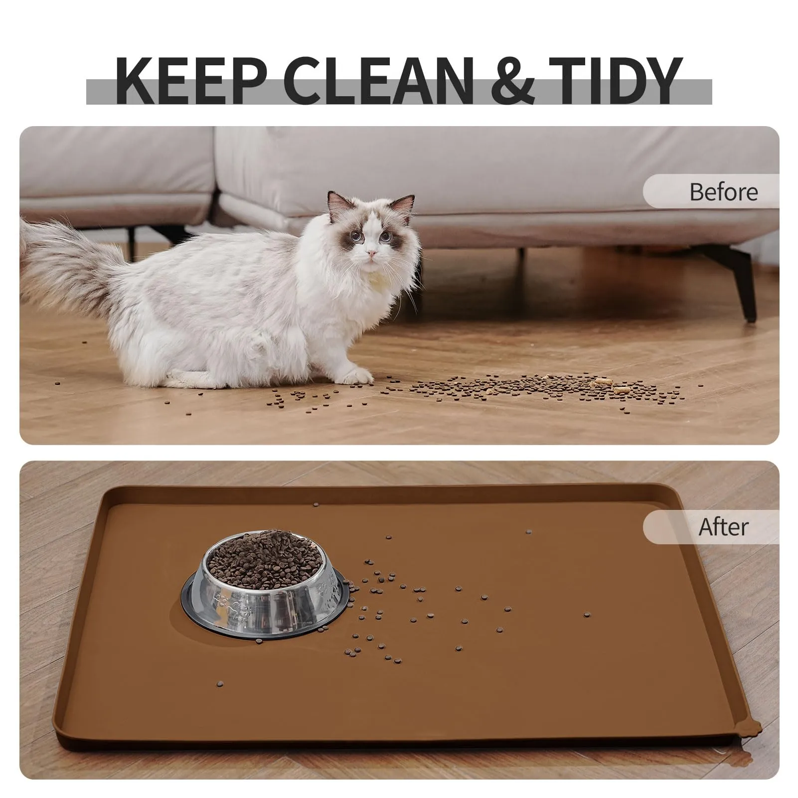 Reopet Tappetino in Silicone per Cibo e Acqua per Animali Domestici, Impermeabile e Antispill, 71 x 45 cm, Marrone - immagine 6
