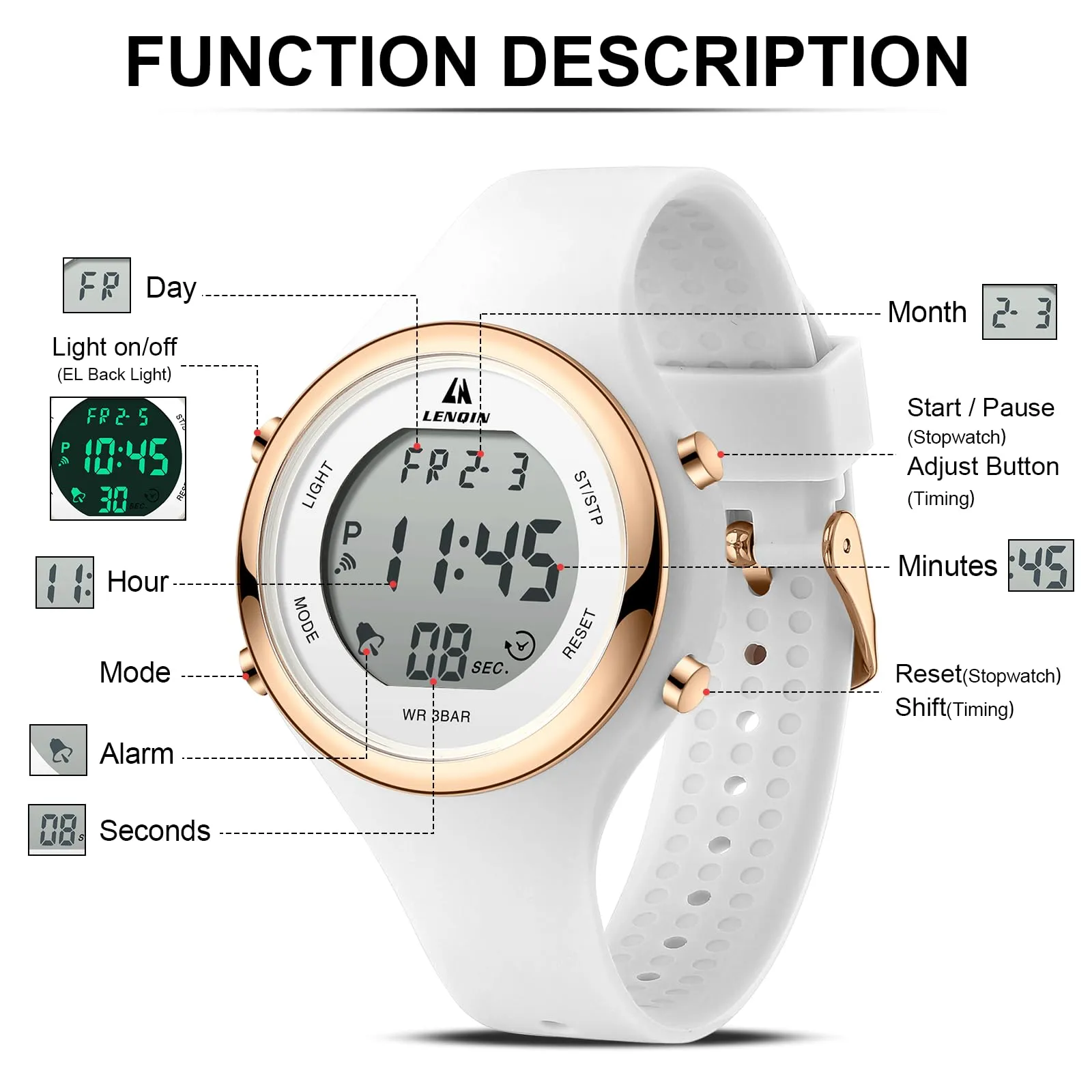 LN LENQIN Orologio Digitale da Donna Sportivo Cinturino Silicone 3ATM R046 - immagine 6