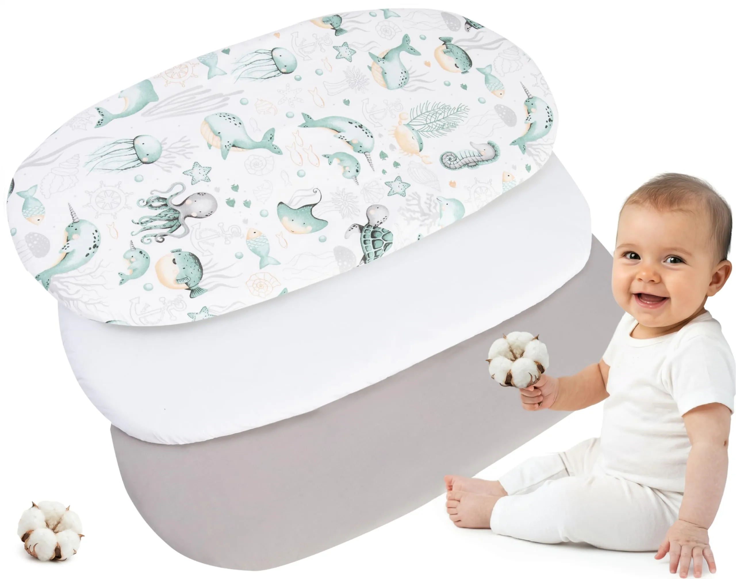 Medi Partners Lenzuola Lettino Culla 86x40, Set di 3 Lenzuoli per Navicella Neonato e Passeggino con Angoli, 100% Cotone (Oceano-Bianco-Grigio) - immagine 1