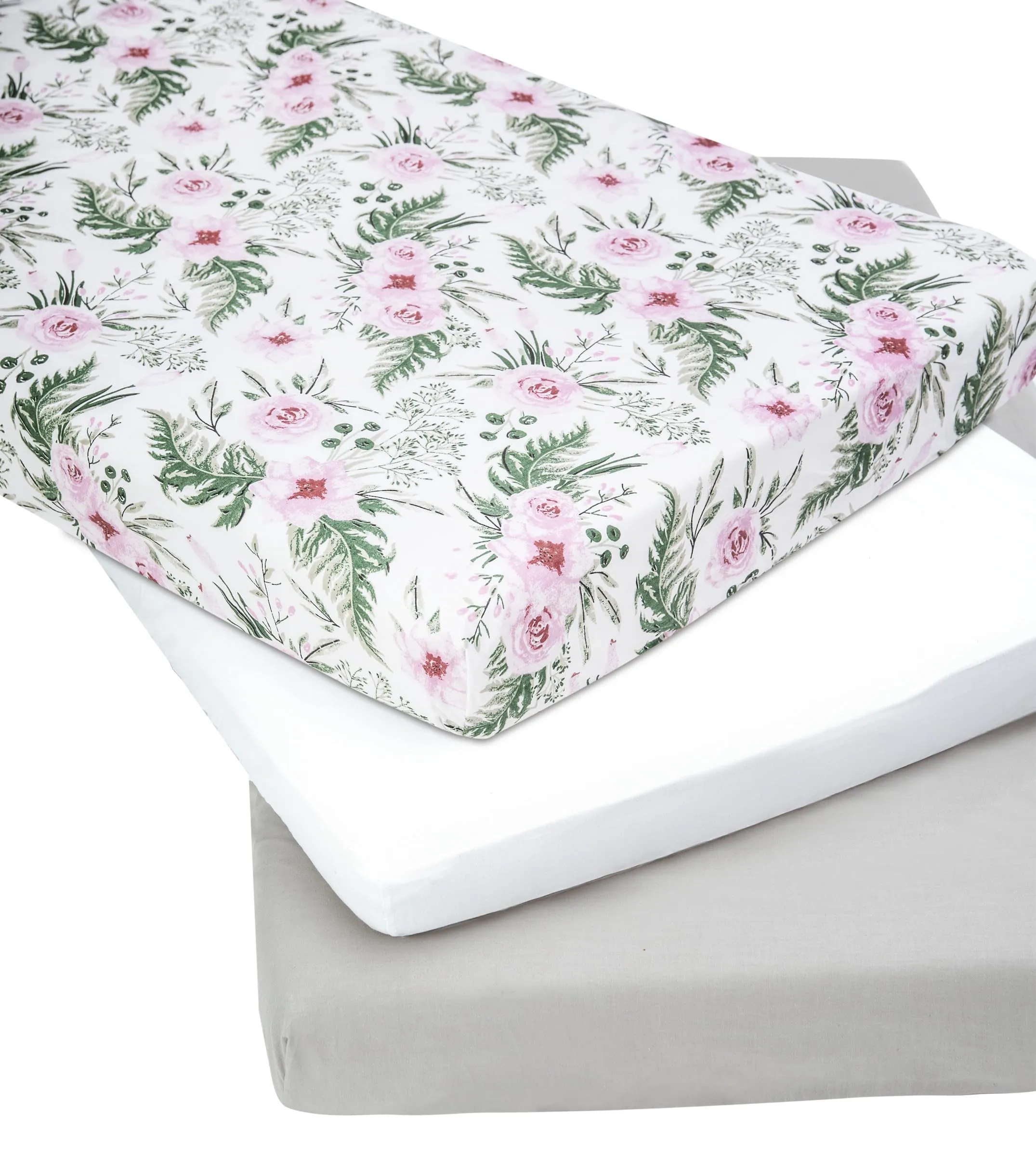 Medi Partners Set 3 Lenzuola con Angoli per Lettino Neonato 60x120, 100% Cotone (Fiori Rosa-Bianco-Grigio) - immagine 2