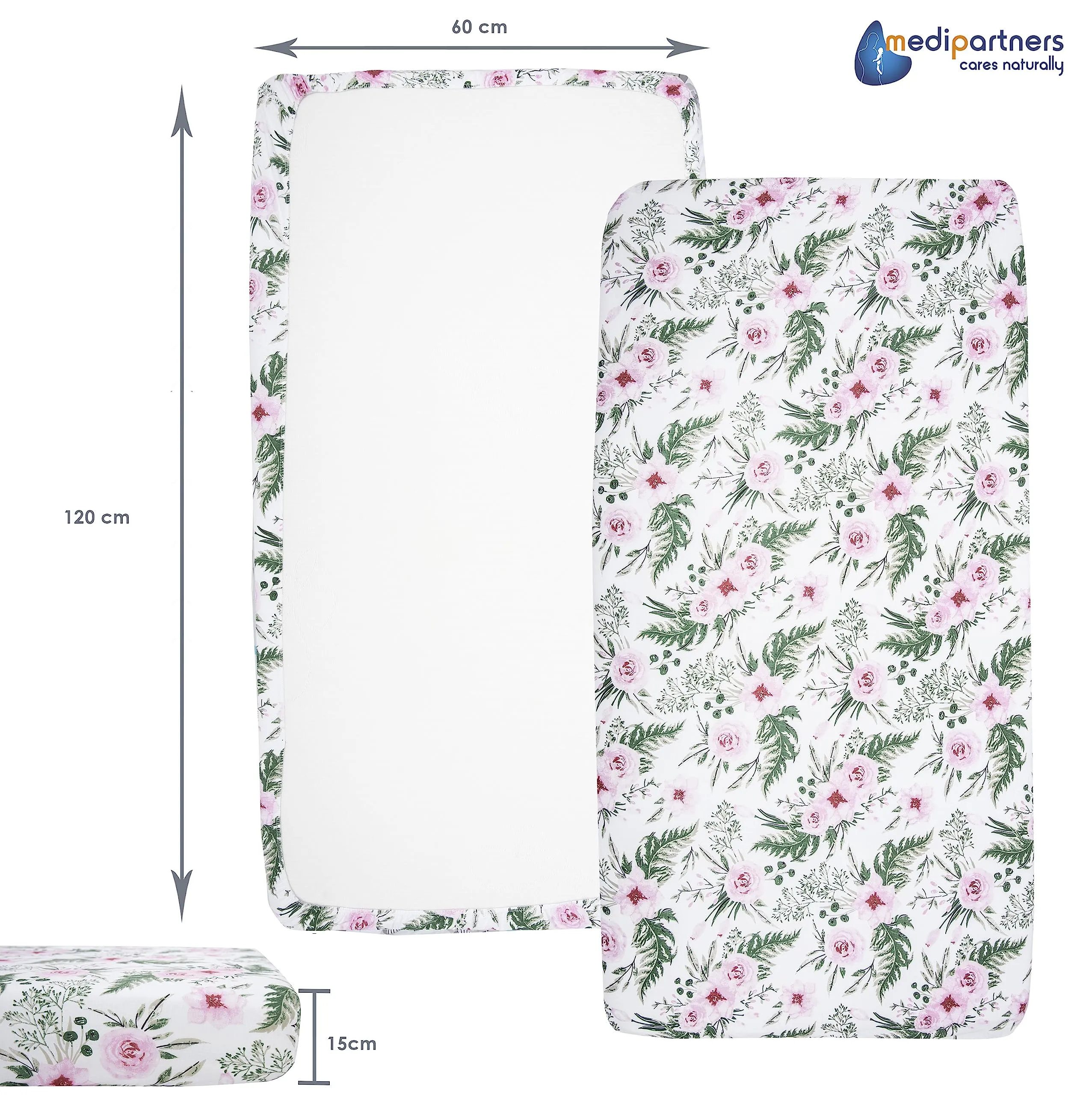 Medi Partners Set 3 Lenzuola con Angoli per Lettino Neonato 60x120, 100% Cotone (Fiori Rosa-Bianco-Grigio) - immagine 4