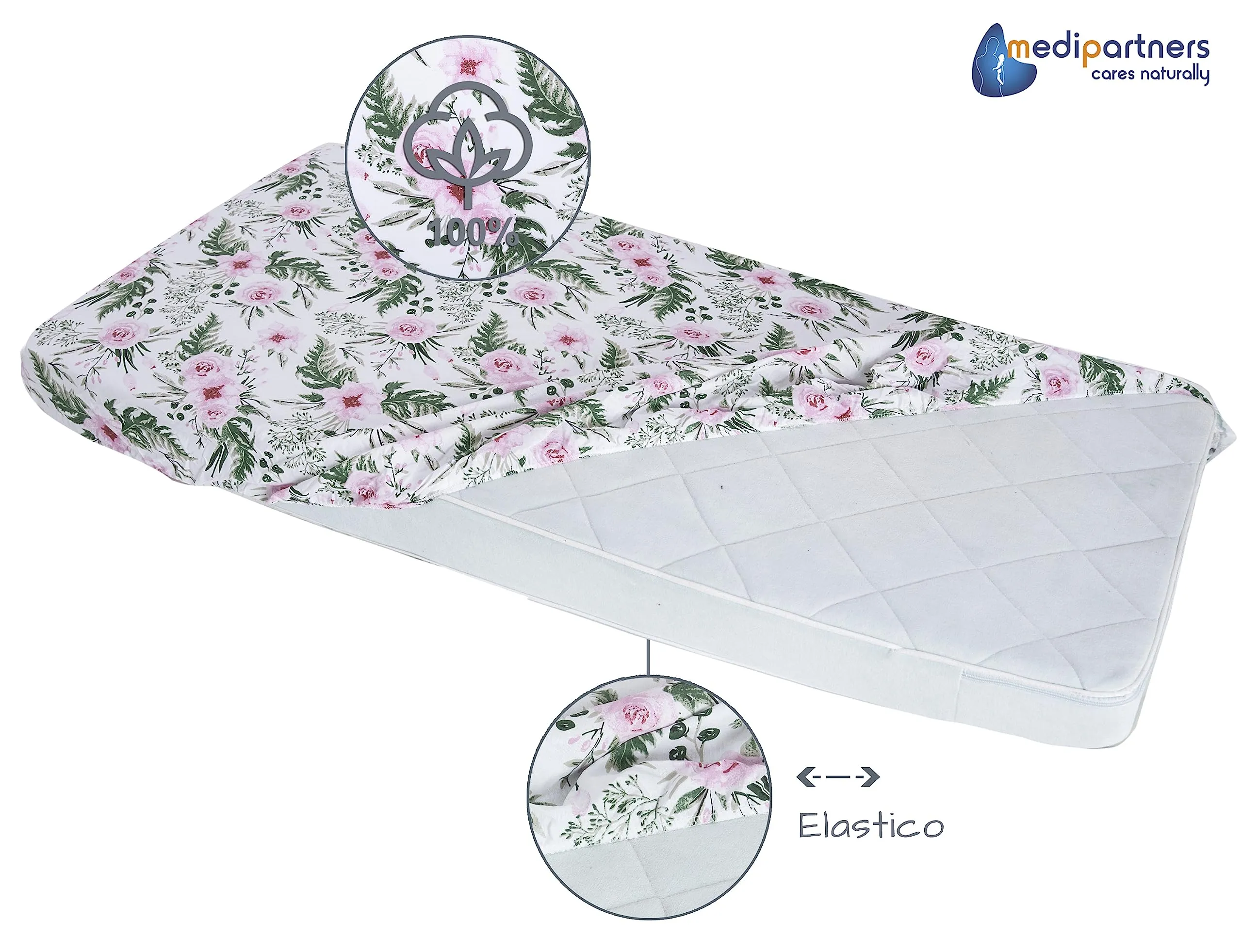 Medi Partners Set 3 Lenzuola con Angoli per Lettino Neonato 60x120, 100% Cotone (Fiori Rosa-Bianco-Grigio) - immagine 5
