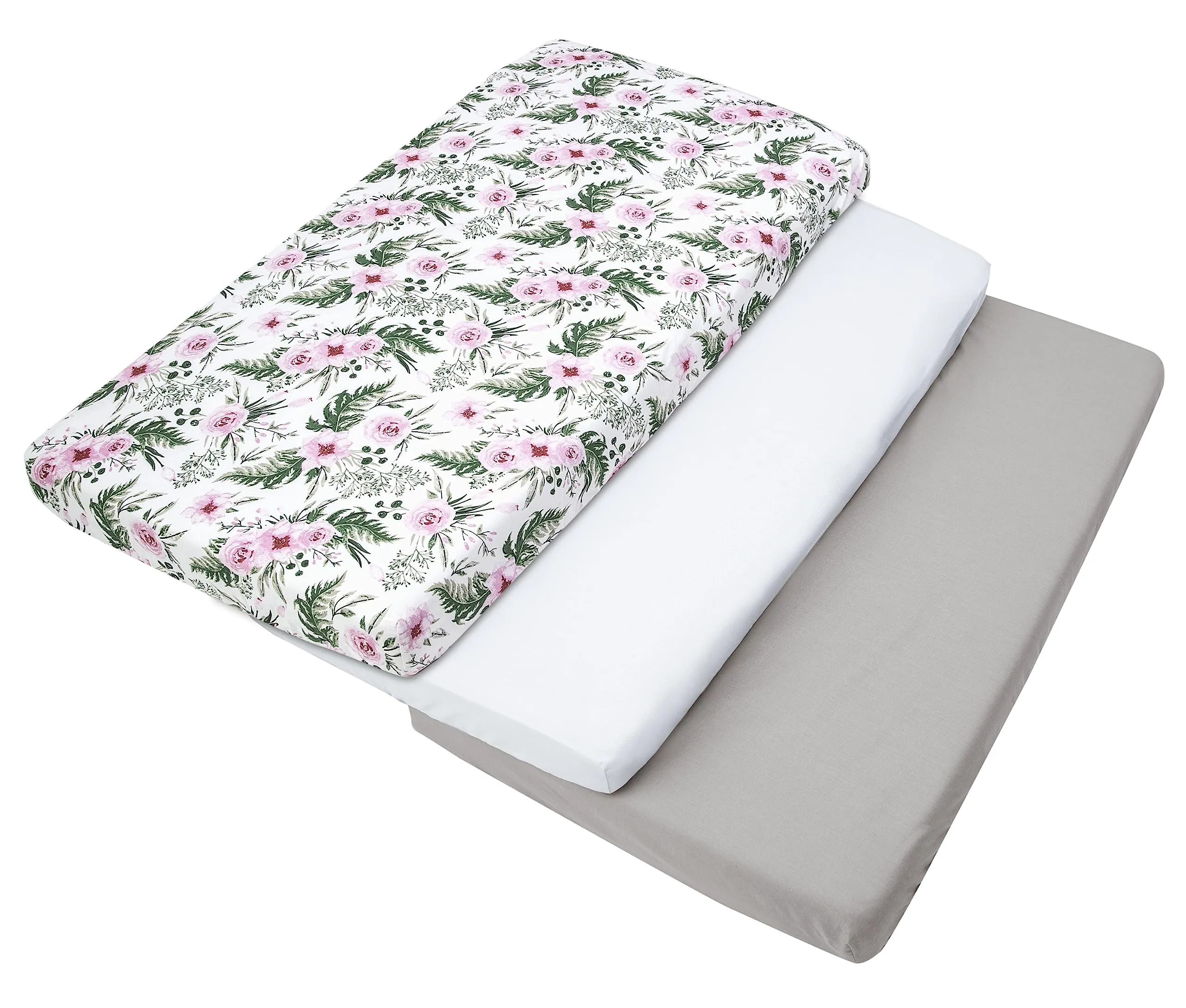 Medi Partners Set 3 Lenzuola con Angoli per Lettino Neonato 60x120, 100% Cotone (Fiori Rosa-Bianco-Grigio) - immagine 6