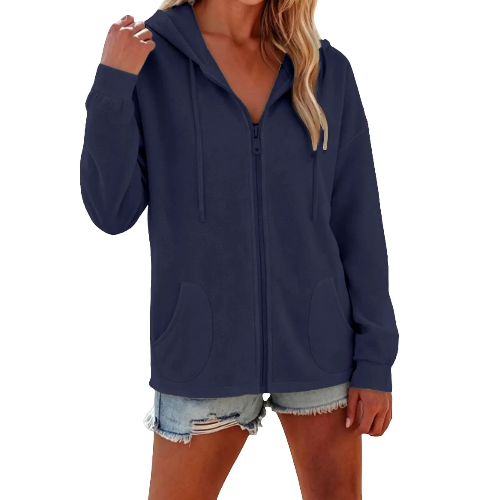 Viunychn Felpa Donna con Zip e Cappuccio in Cotone, Oversize Tinta Unita - immagine 2