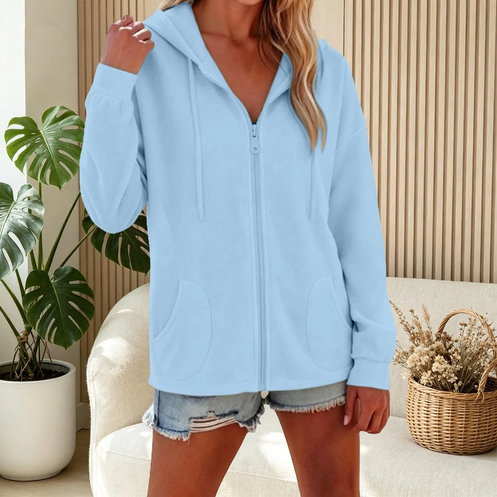 Viunychn Felpa Donna con Zip e Cappuccio in Cotone Oversize Tinta Unita - immagine 3