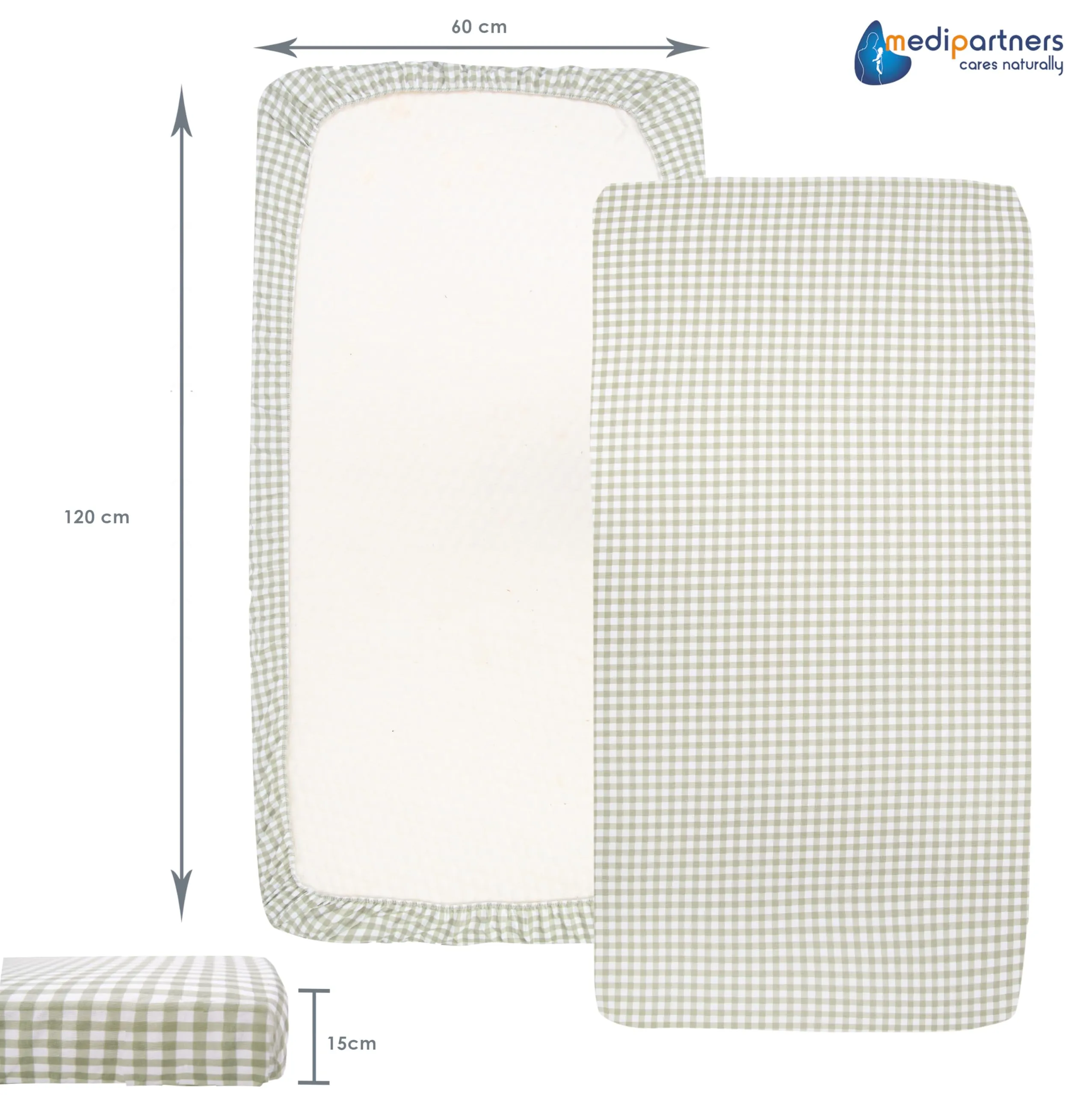Medi Partners Set di 3 Lenzuola con Angoli per Lettino Neonato 60x120, 100% Cotone (Griglia - Bianco - Grigio) - immagine 4