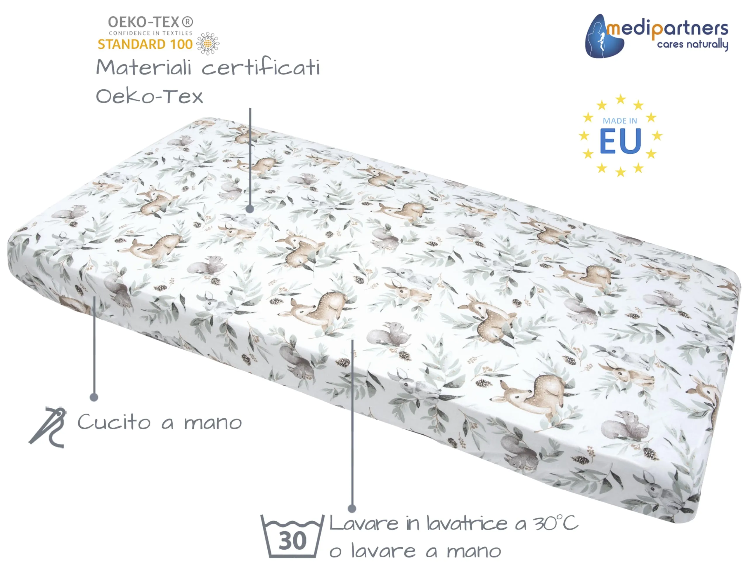 Medi Partners Lenzuola Lettino Neonato 70x140 100% Cotone con Angoli (Cervo E Scoiattolo) - immagine 2