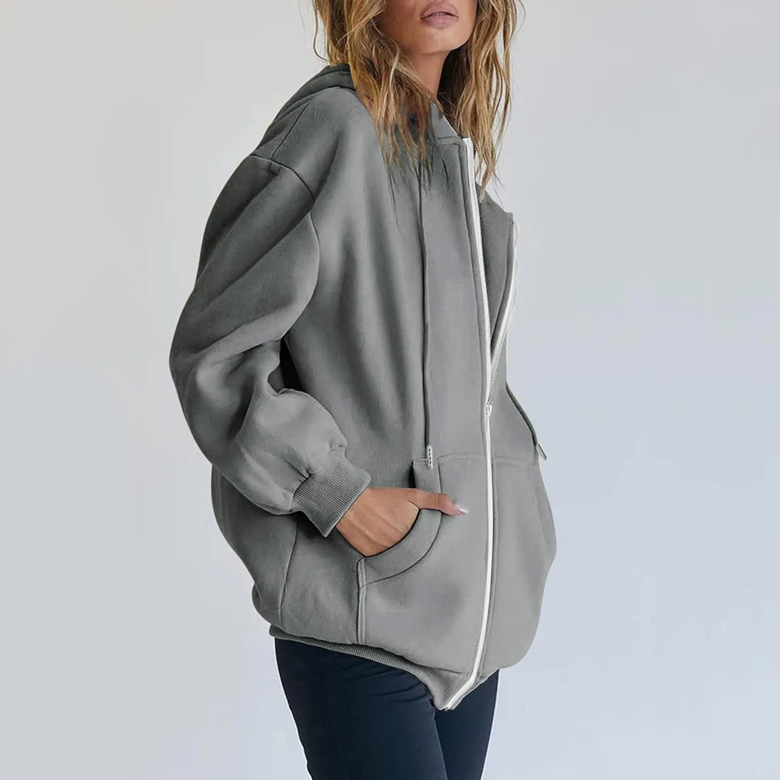 Viunychn Felpa Donna con Zip e Cappuccio in Cotone, Taglia Oversize, Grigio - immagine 4