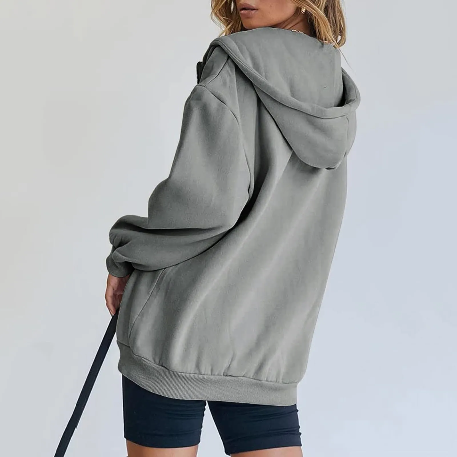 Viunychn Felpa Donna con Zip e Cappuccio in Cotone, Taglia Oversize, Grigio - immagine 5