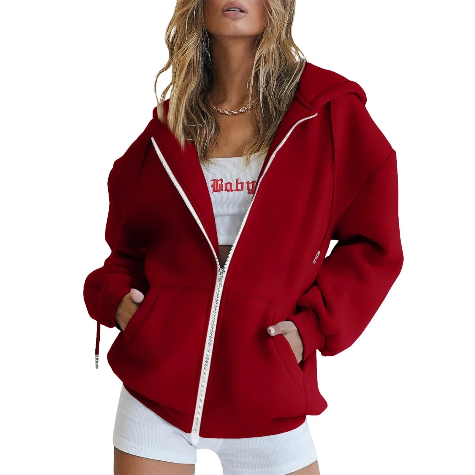 Viunychn Felpa Donna con Zip e Cappuccio in Cotone, Taglio Oversize, Tinta Unita - immagine 2