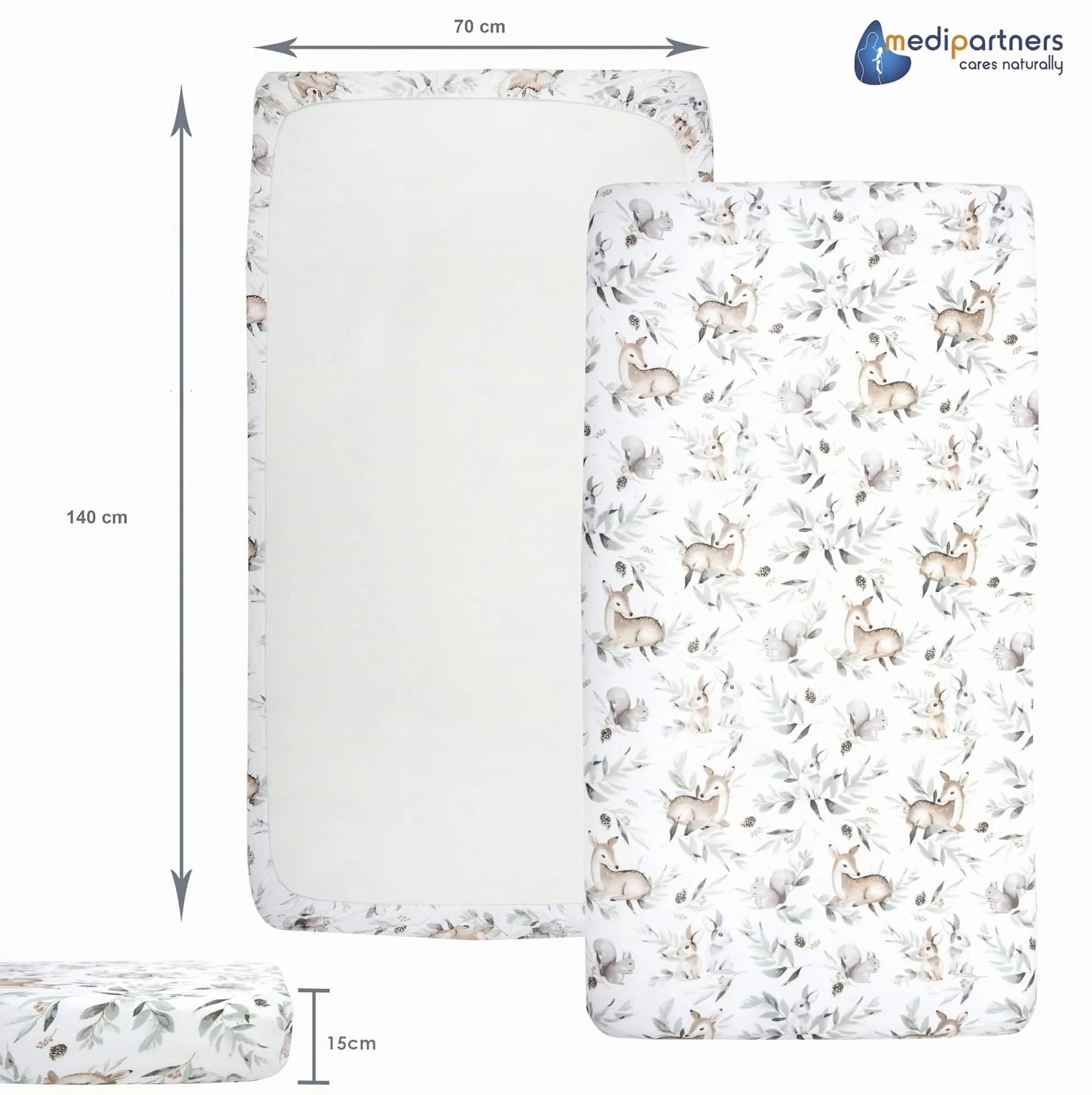 Medi Partners Set 3 Lenzuola con Angoli per Lettino Neonato 70x140, 100% Cotone (Cervo E Scoiattolo-Bianco-Grigio) - immagine 4