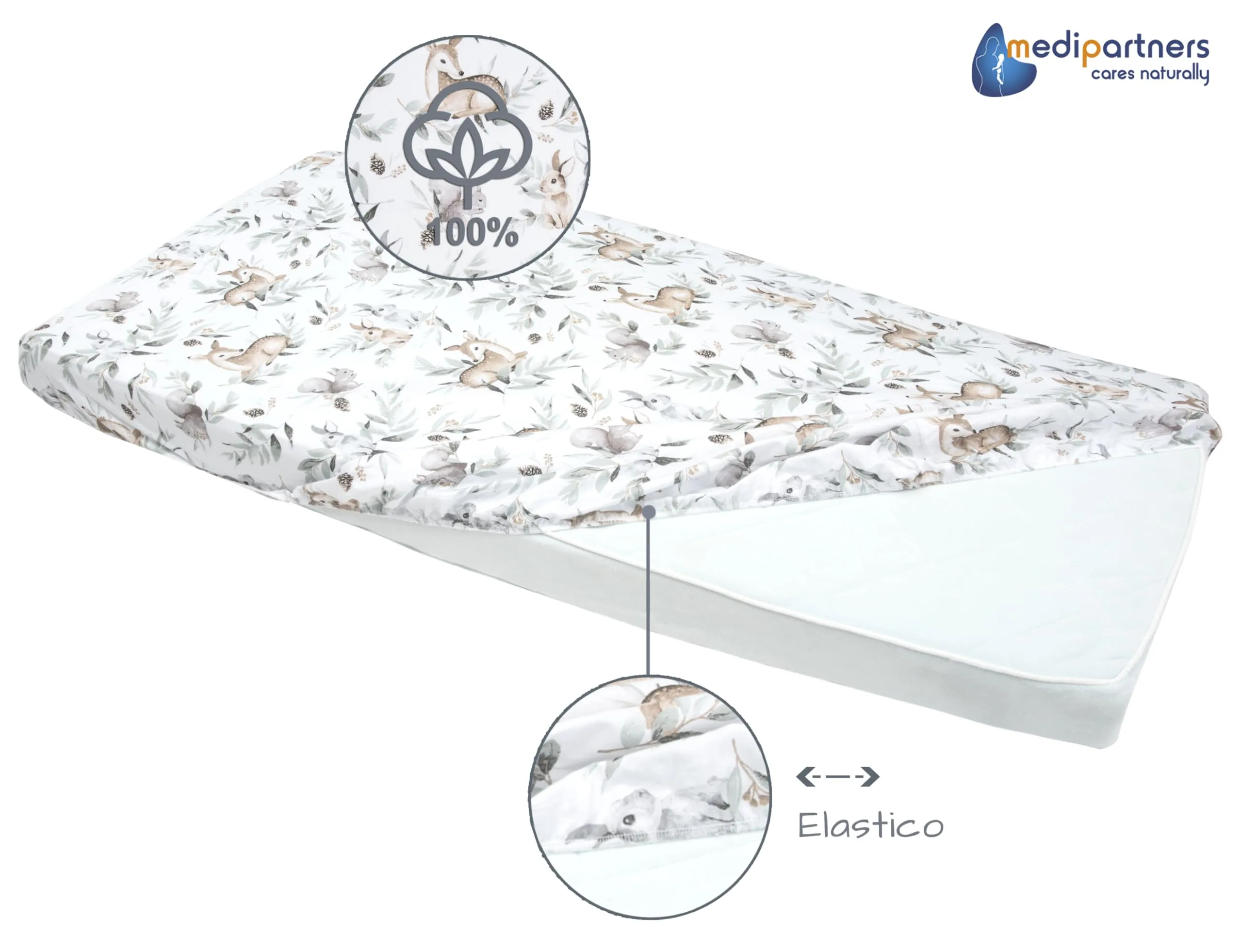 Medi Partners Set 3 Lenzuola con Angoli per Lettino Neonato 70x140, 100% Cotone (Cervo E Scoiattolo-Bianco-Grigio) - immagine 6