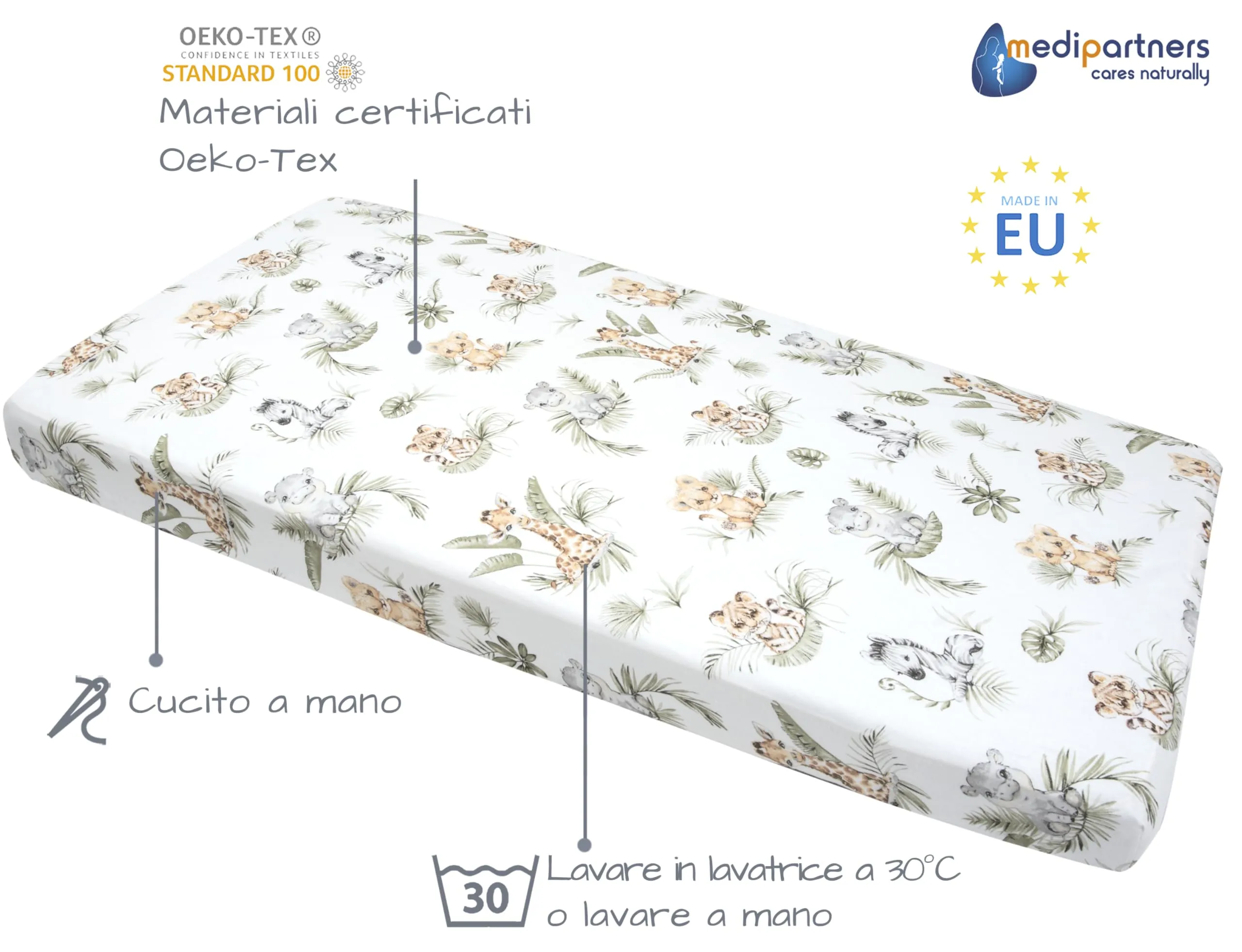 Medi Partners Set 3 Lenzuola con Angoli per Lettino Neonato 70x140, 100% Cotone (Safari-Bianco-Grigio) - immagine 3