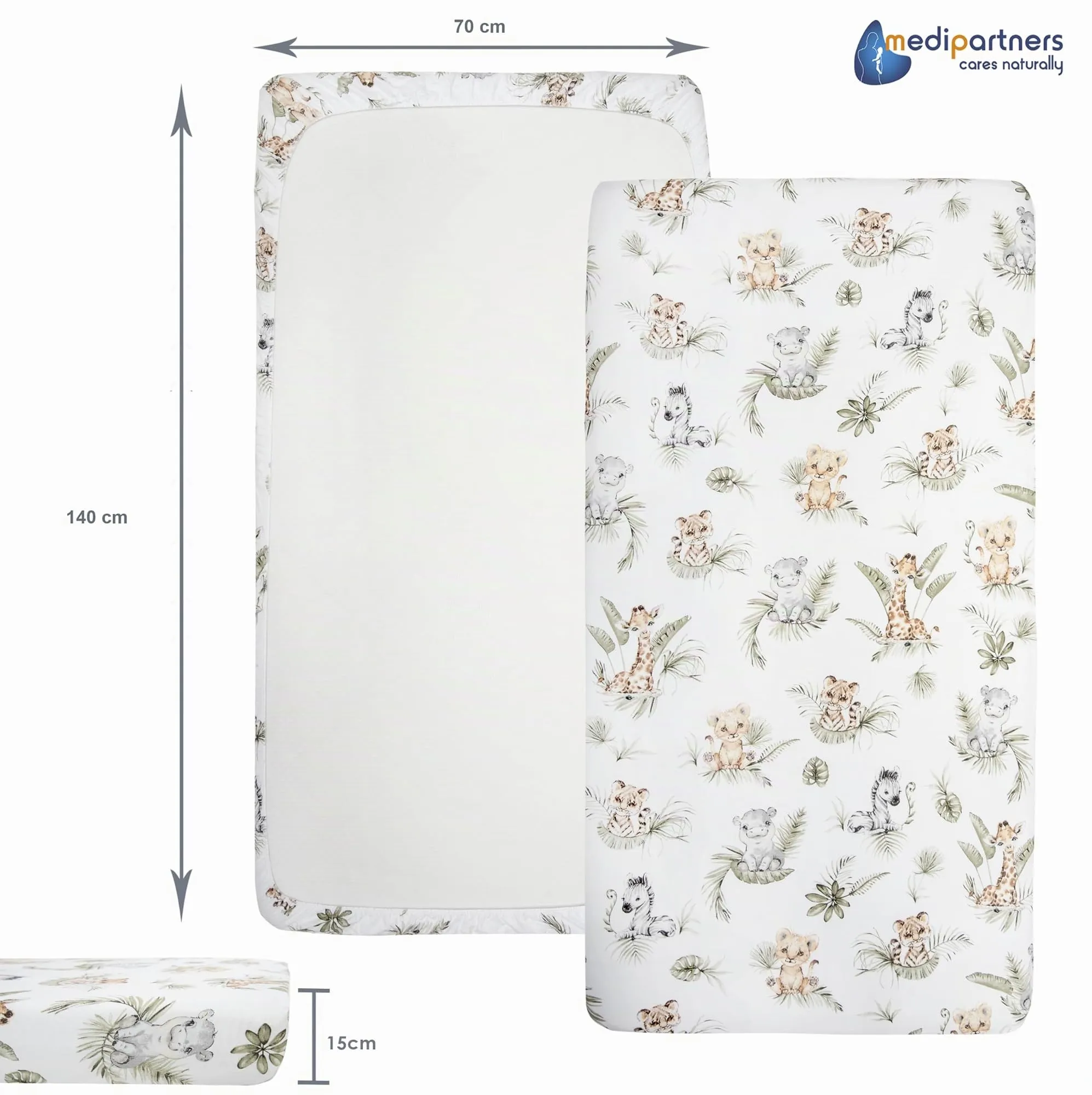 Medi Partners Set 3 Lenzuola con Angoli per Lettino Neonato 70x140, 100% Cotone (Safari-Bianco-Grigio) - immagine 4