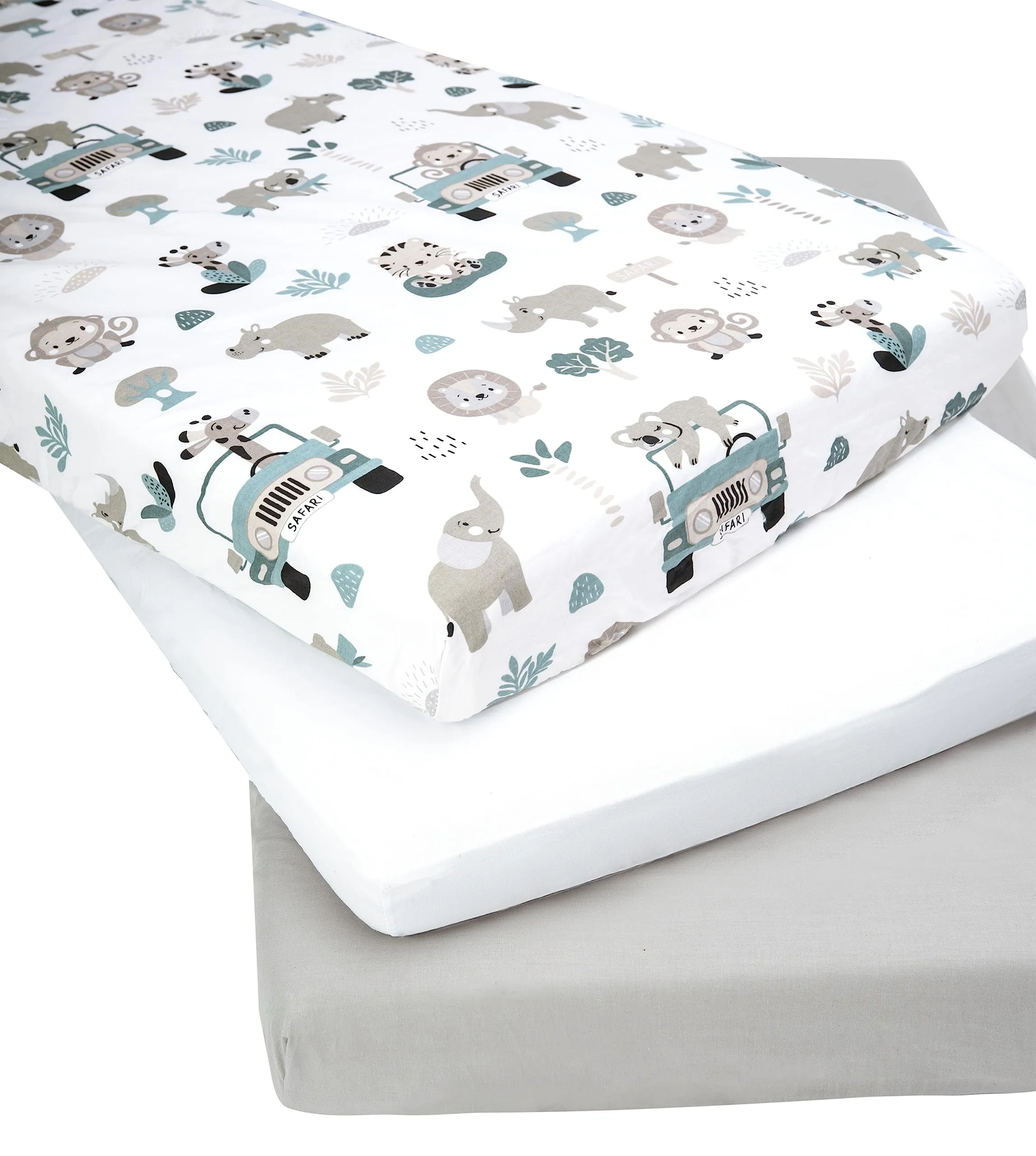 Medi Partners Set di 3 Lenzuoli per Lettino Neonato 70x140, 100% Cotone con Angoli (Zoo Di Menta-Bianco-Grigio) - immagine 2