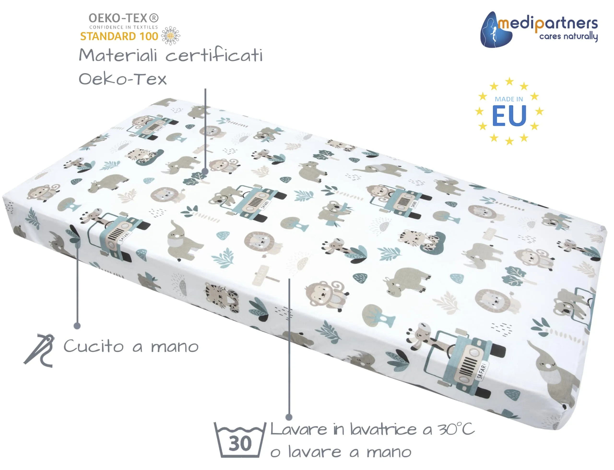 Medi Partners Set di 3 Lenzuoli per Lettino Neonato 70x140, 100% Cotone con Angoli (Zoo Di Menta-Bianco-Grigio) - immagine 3
