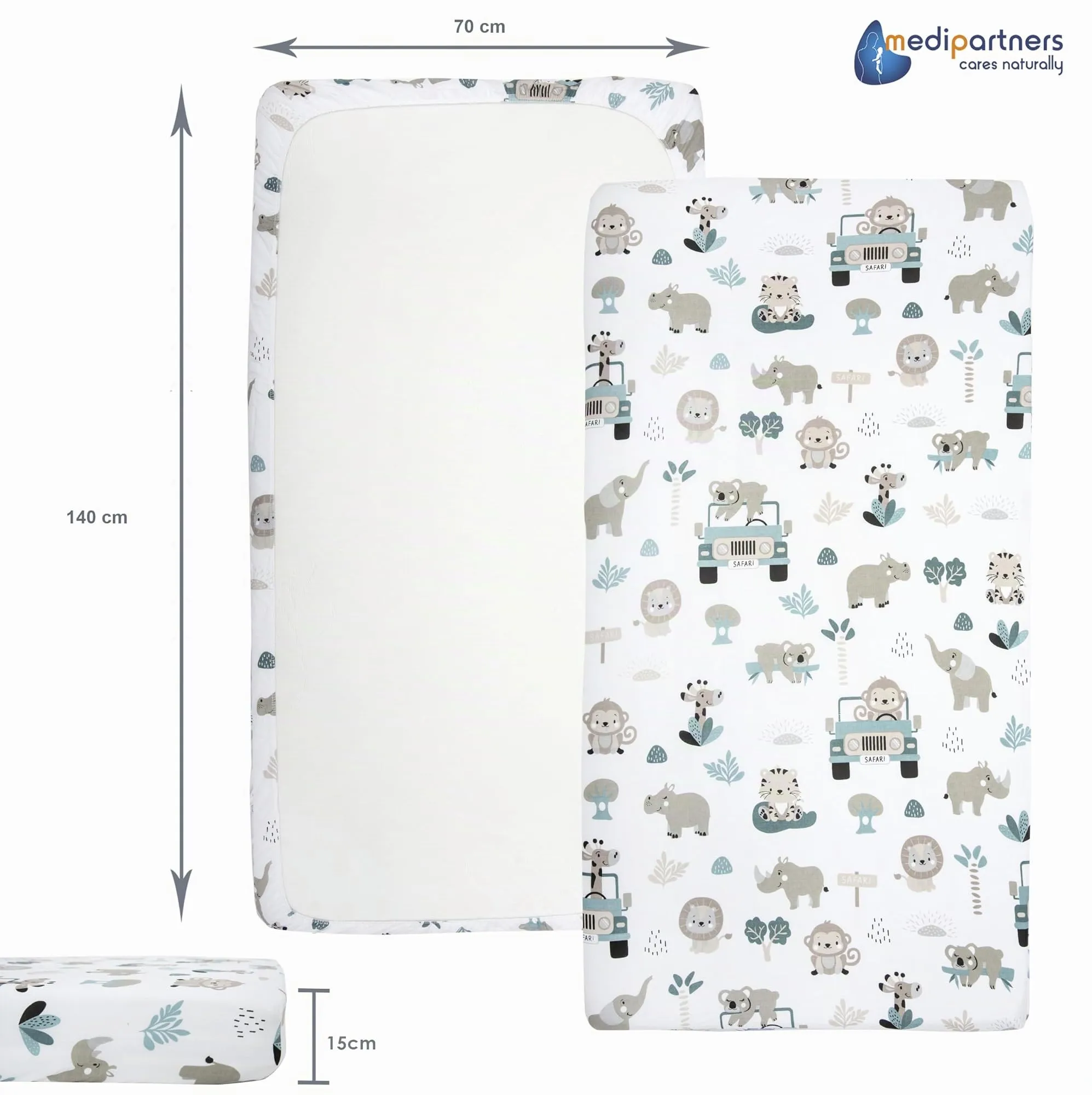 Medi Partners Set di 3 Lenzuoli per Lettino Neonato 70x140, 100% Cotone con Angoli (Zoo Di Menta-Bianco-Grigio) - immagine 4