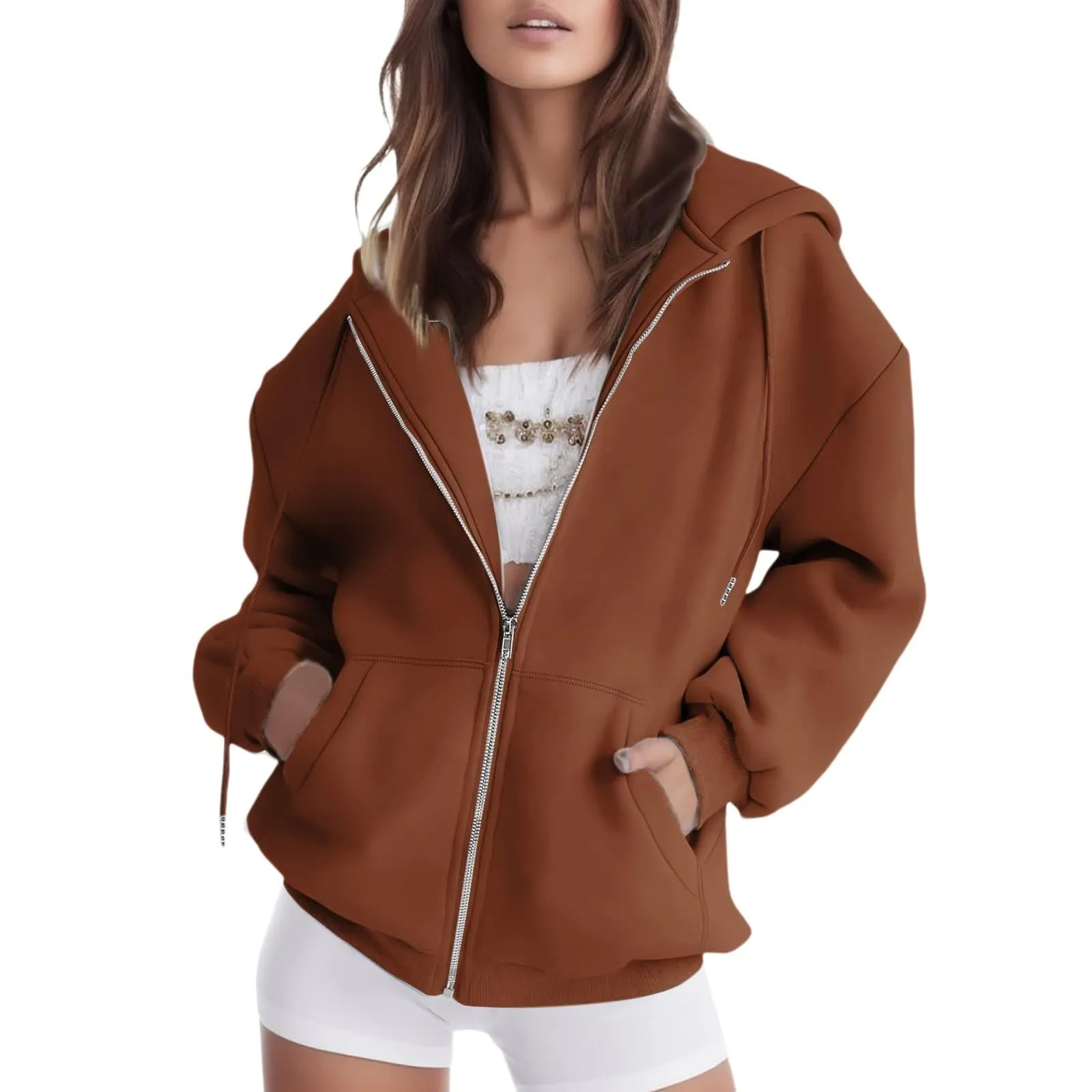 Viunychn Felpa Donna con Zip e Cappuccio in Cotone, Oversize Tinta Unita - immagine 1