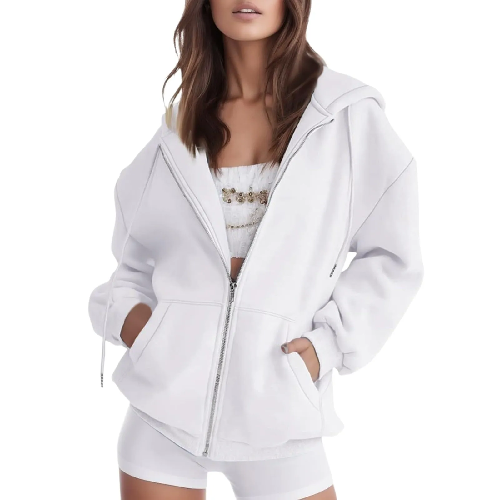 Viunychn Felpa Donna con Zip e Cappuccio in Cotone Oversize Tinta Unita - immagine 1