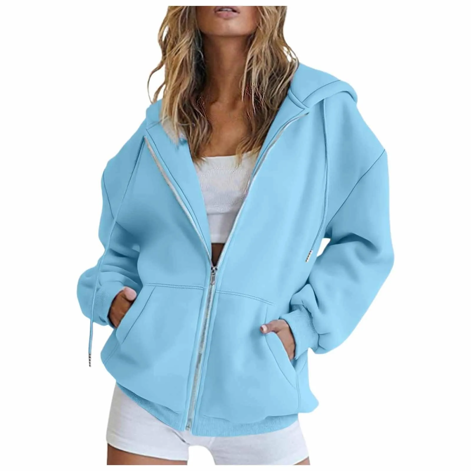 Viunychn Felpa Donna con Zip e Cappuccio in Cotone, Oversize Tinta Unita - immagine 1