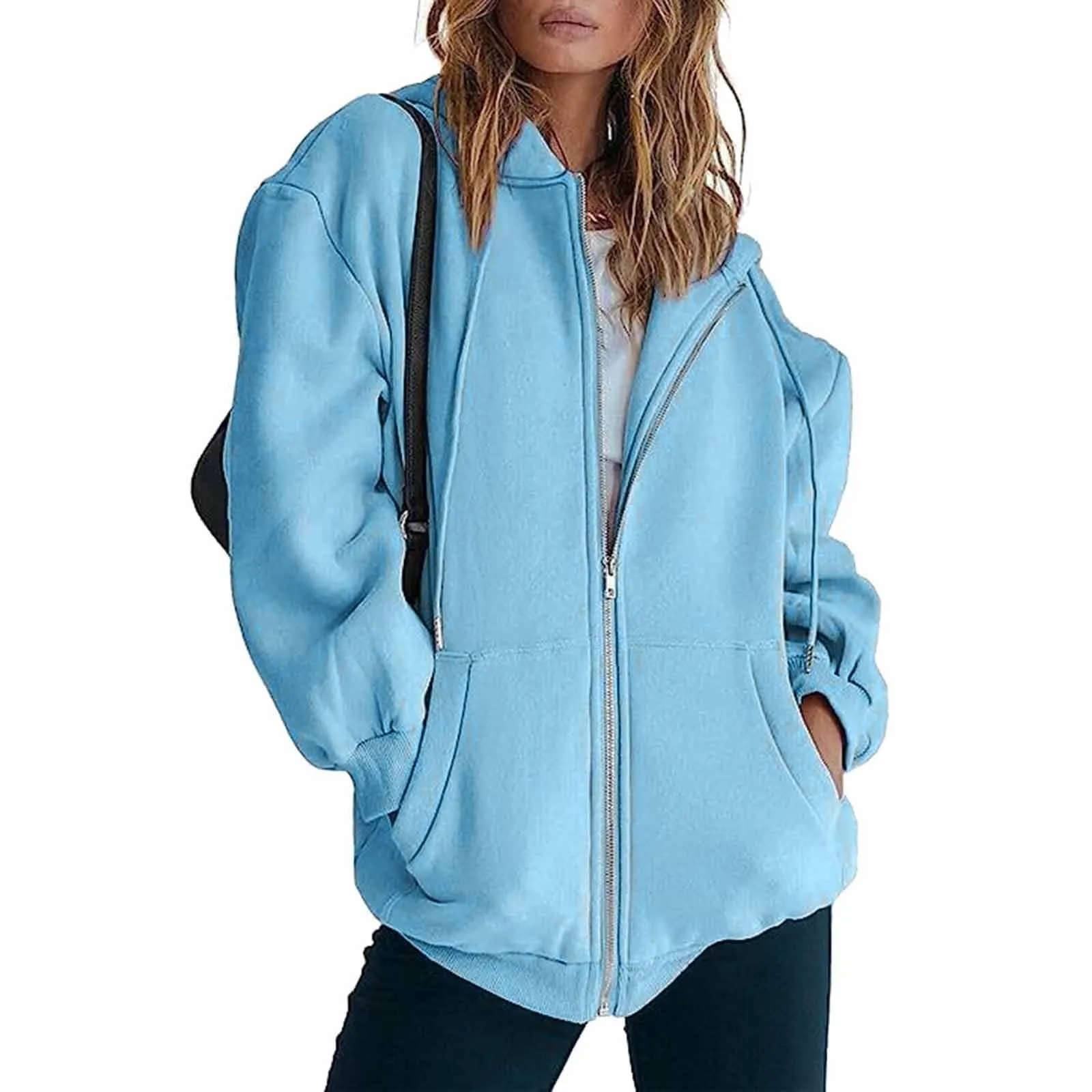 Viunychn Felpa Donna con Zip e Cappuccio in Cotone, Oversize Tinta Unita - immagine 2
