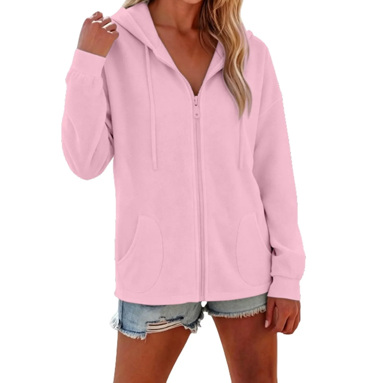 Viunychn Felpa Donna con Zip e Cappuccio, Oversize, Cotone, Rosa - immagine 2