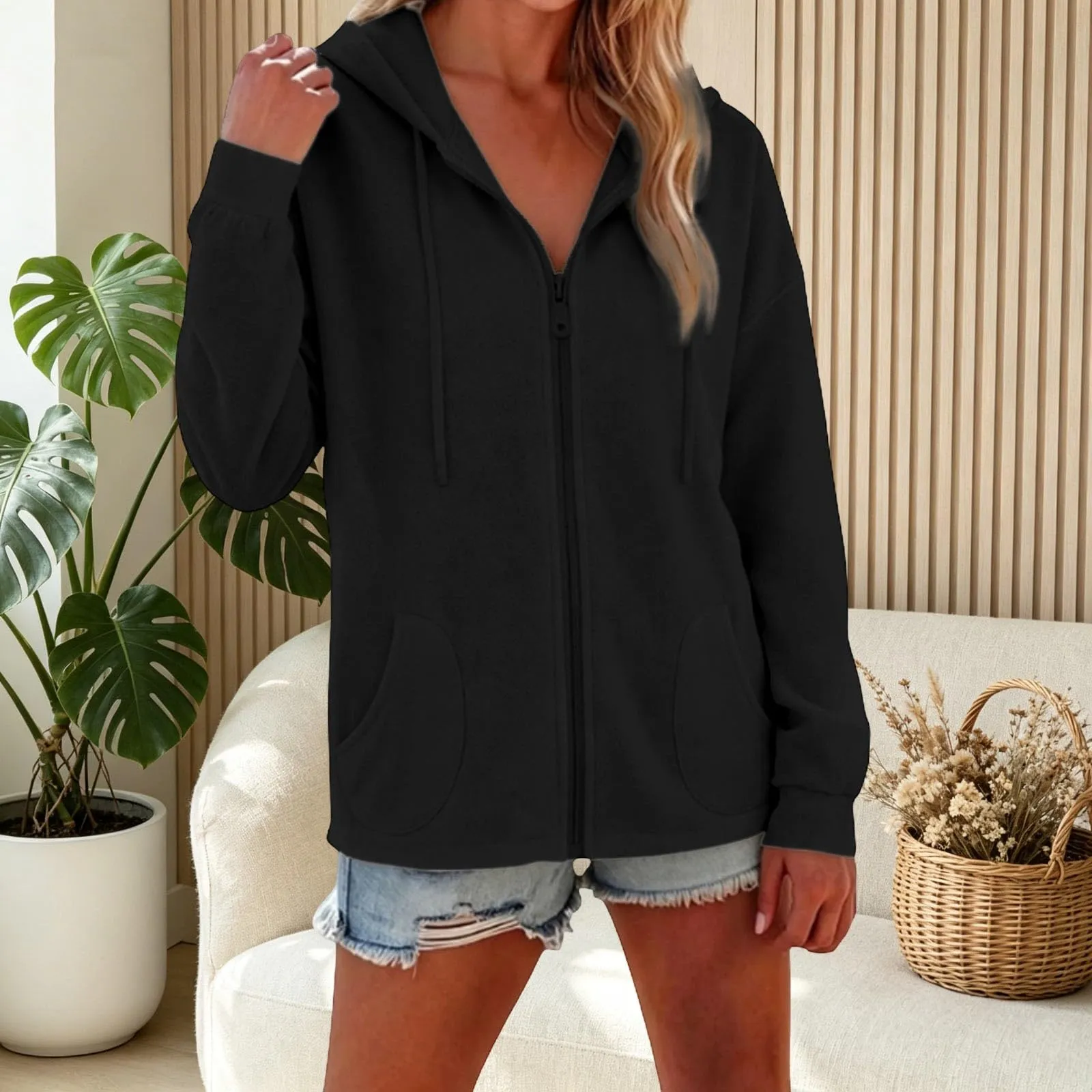 Viunychn Felpa Donna con Zip e Cappuccio in Cotone, Oversize, Tinta Unita - immagine 5