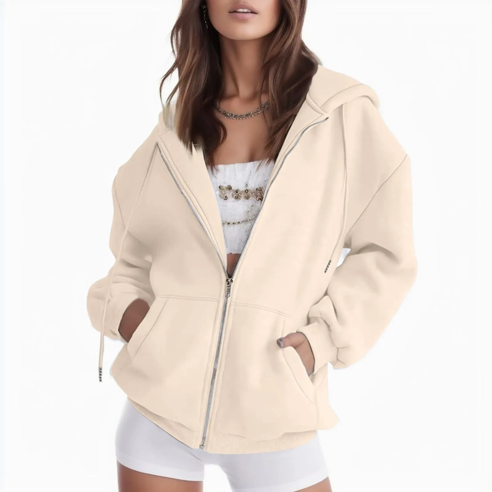 Viunychn Felpa Donna con Zip e Cappuccio in Cotone Oversize Tinta Unita - immagine 2