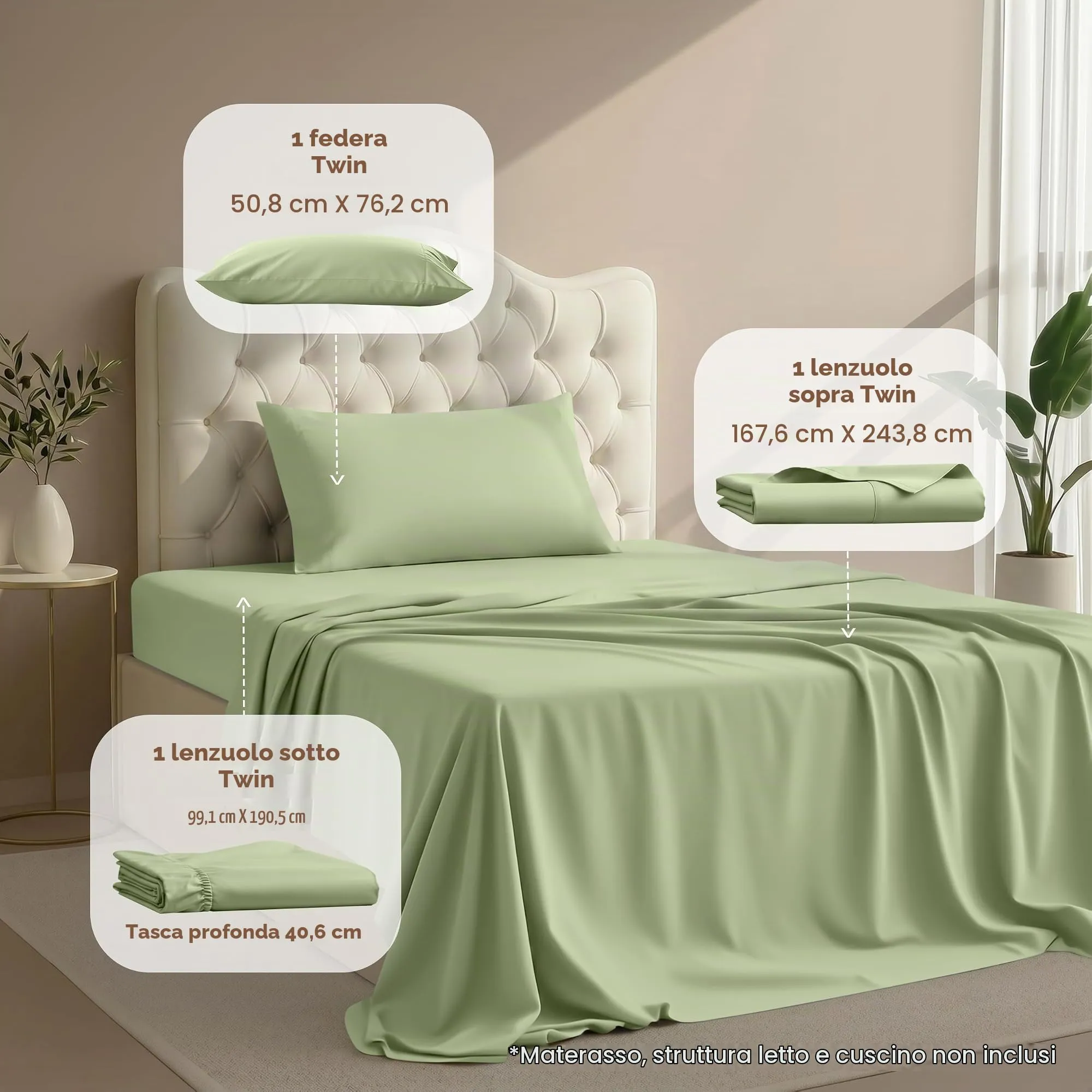 Utopia Bedding Set di lenzuola per letto singolo, 3 pezzi, Verde Salvia, USA Twin - immagine 2