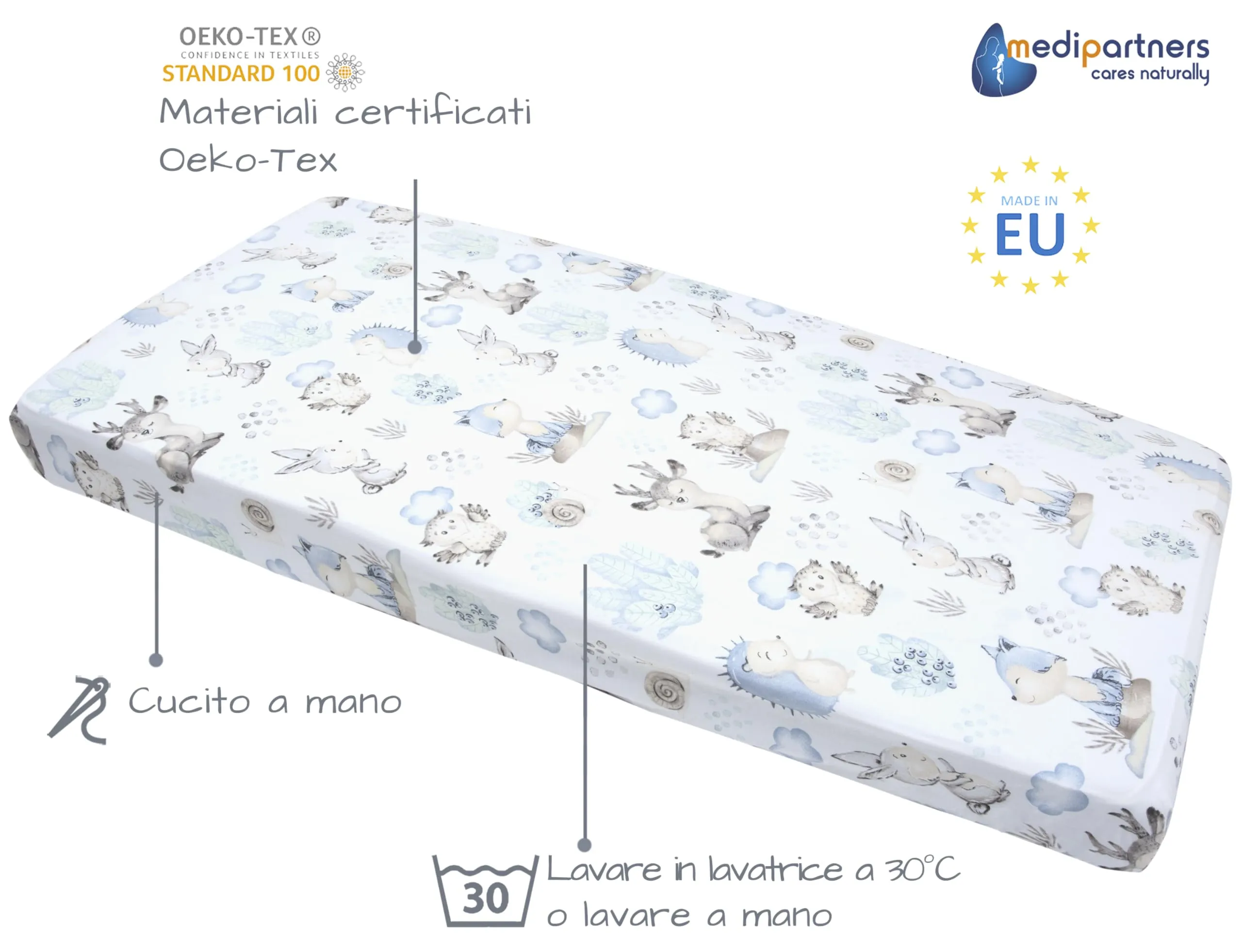 Medi Partners Lenzuola Lettino Neonato 70x140 100% Cotone con Angoli (Cervo E Riccio) - immagine 2