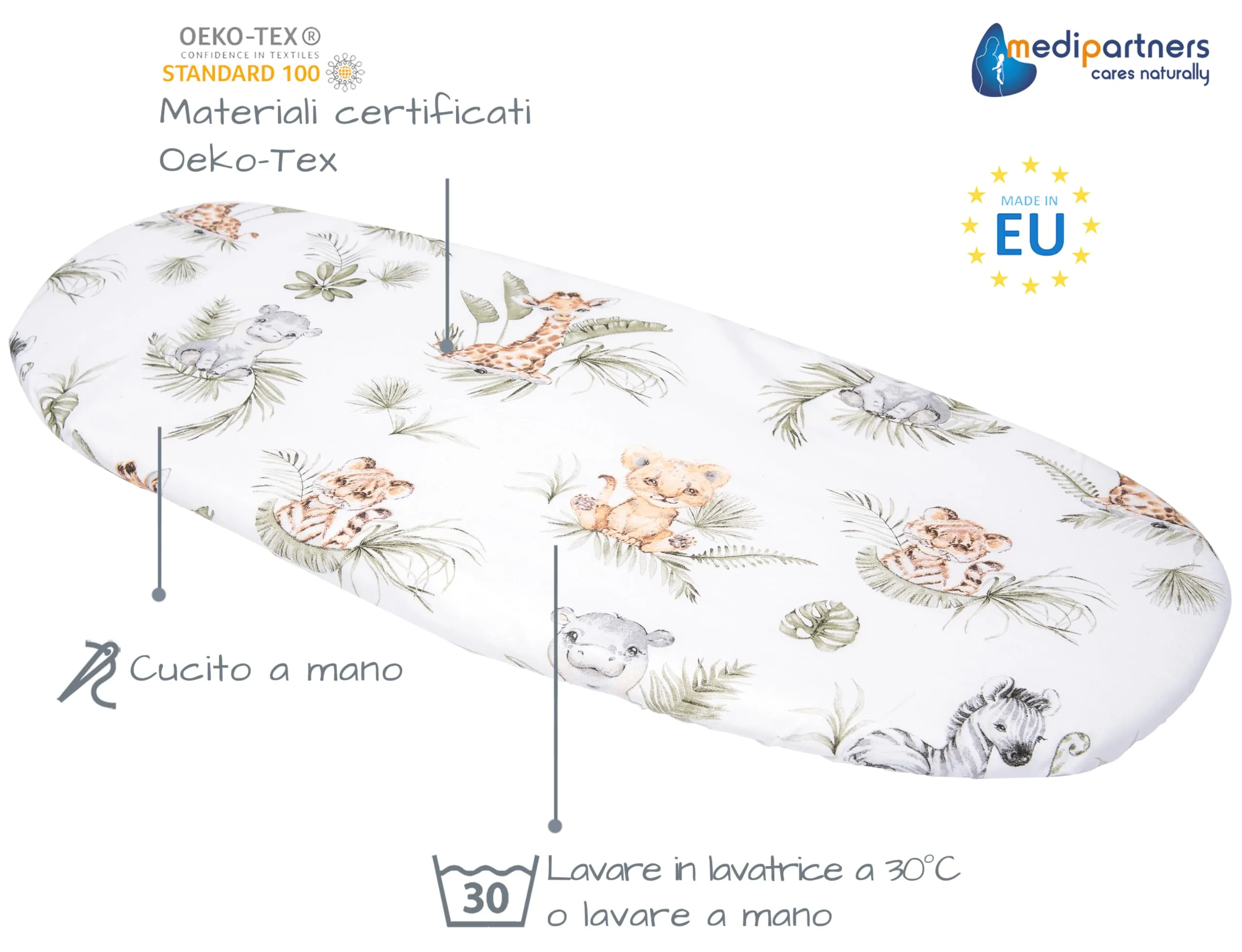 Medi Partners Lenzuola Lettino Culla 86x40 Set 3 Lenzuolo Navicella Neonato con Angoli 100% Cotone (Safari-Bianco-Grigio) - immagine 3