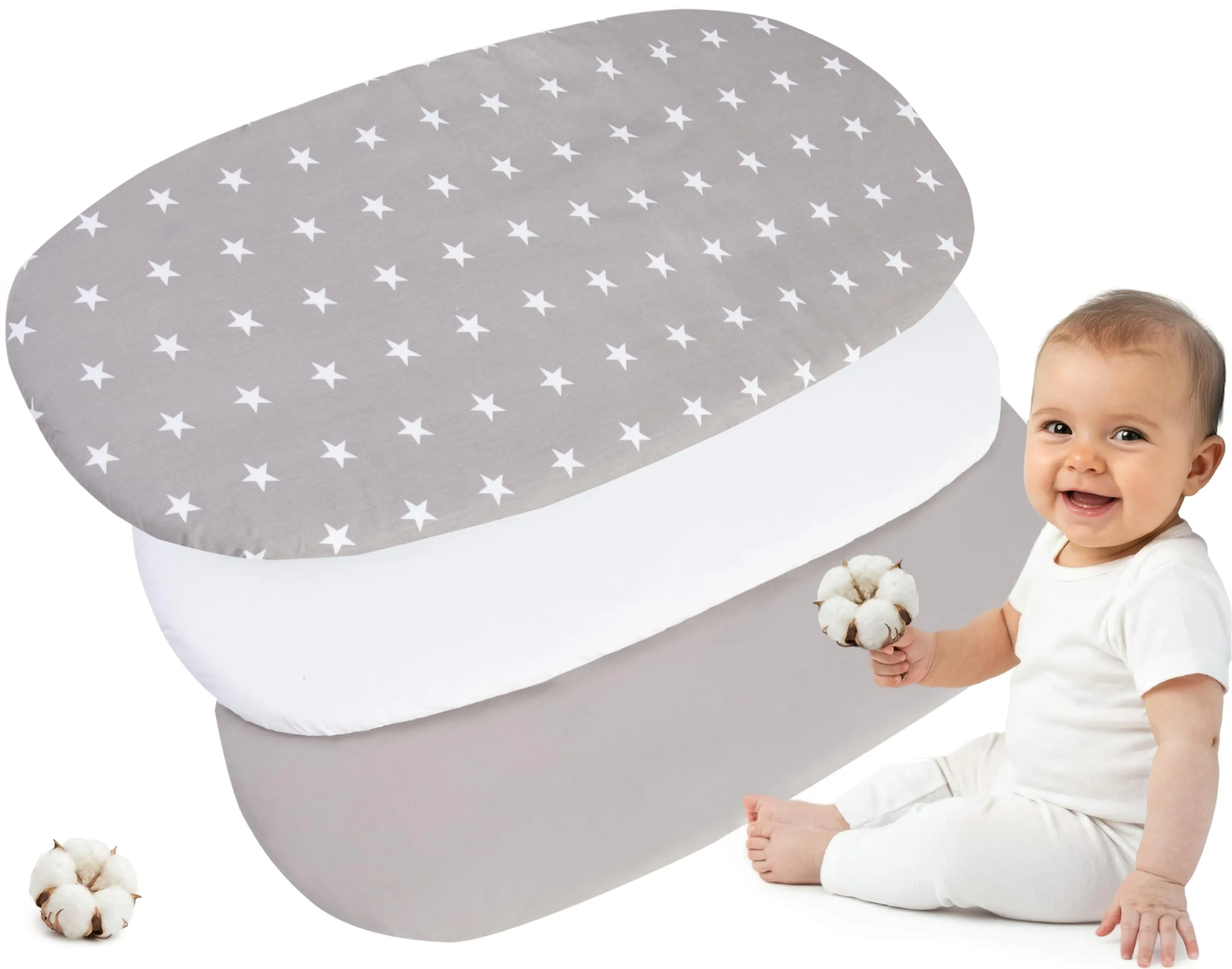 Medi Partners Lenzuola Lettino Culla 86x40 Set 3, 100% Cotone, Stelle Su Grigio-Bianco-Grigio - immagine 1