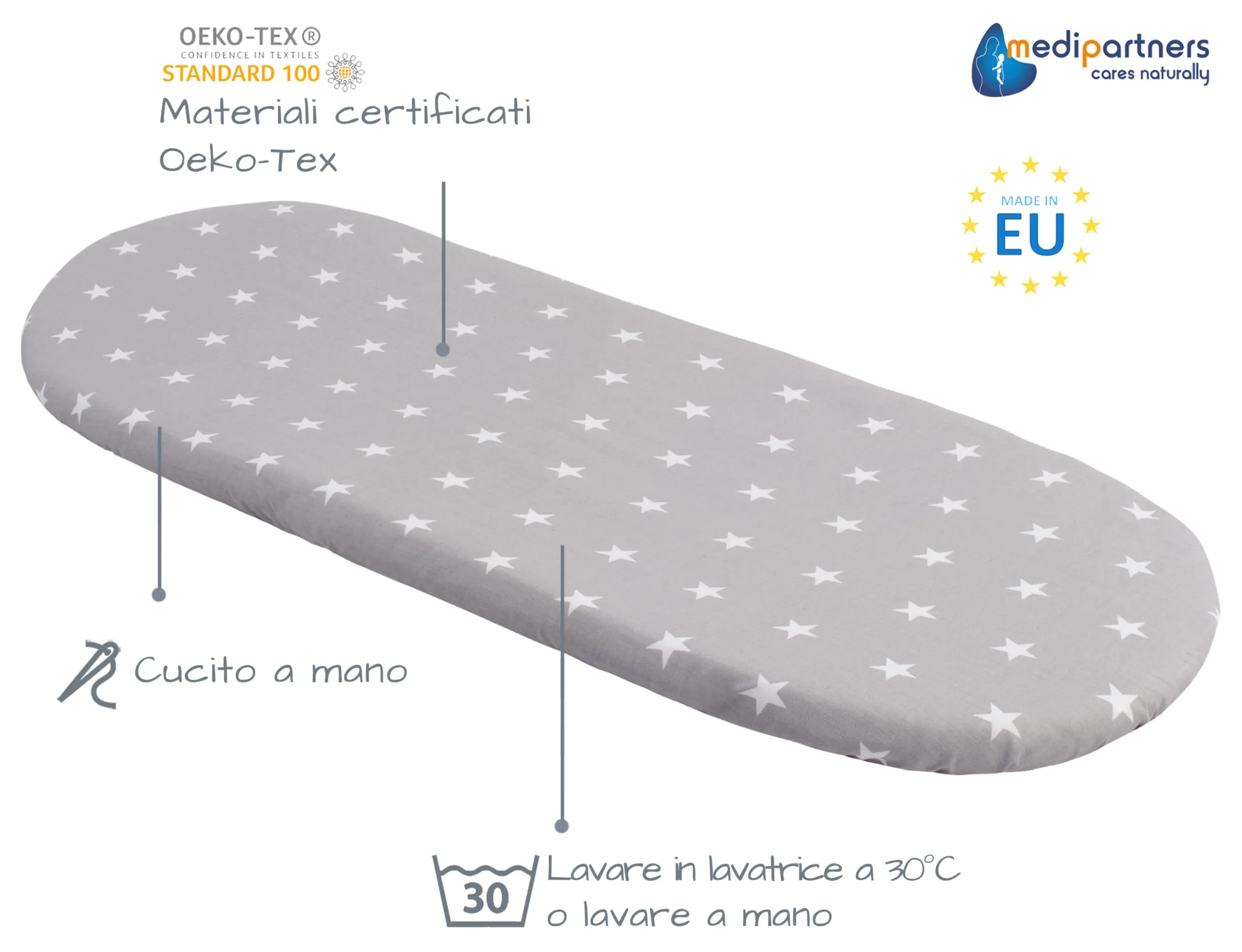 Medi Partners Lenzuola Lettino Culla 86x40 Set 3, 100% Cotone, Stelle Su Grigio-Bianco-Grigio - immagine 3