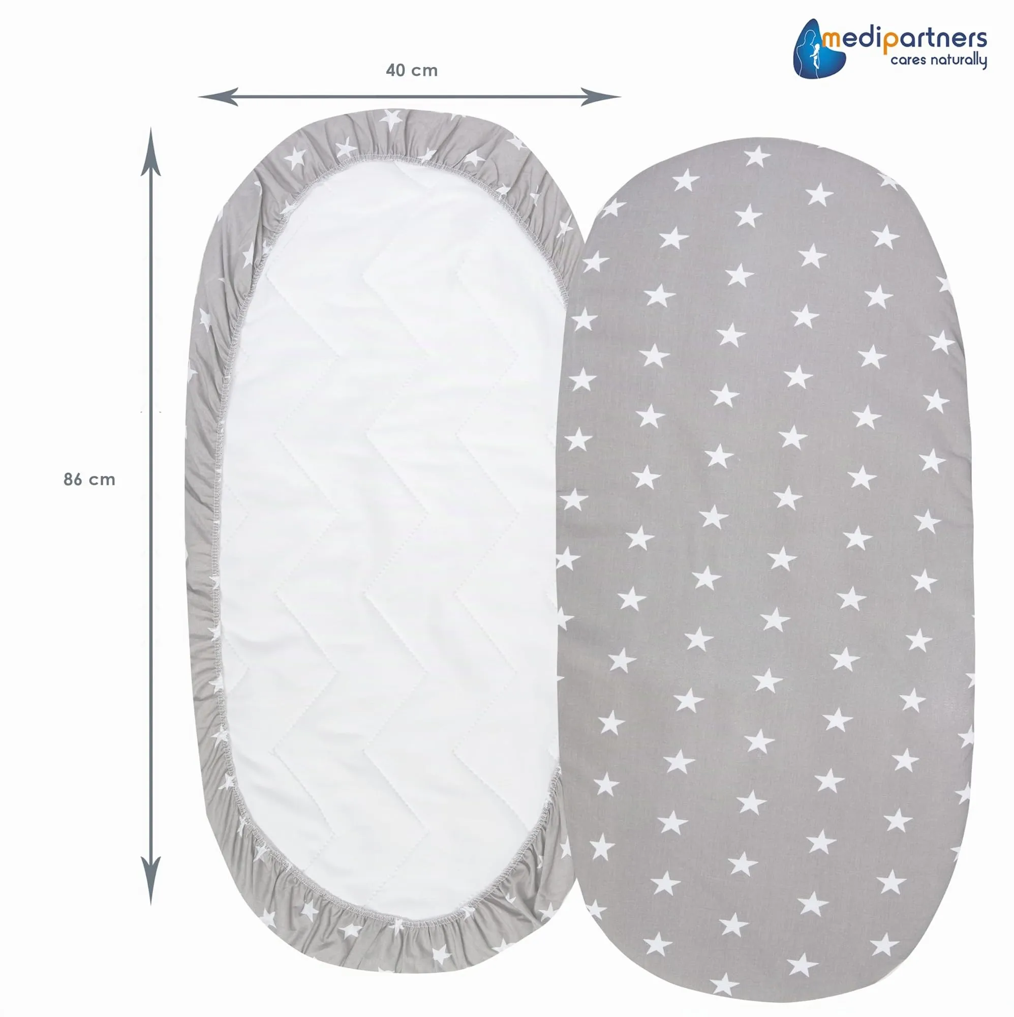Medi Partners Lenzuola Lettino Culla 86x40 Set 3, 100% Cotone, Stelle Su Grigio-Bianco-Grigio - immagine 4