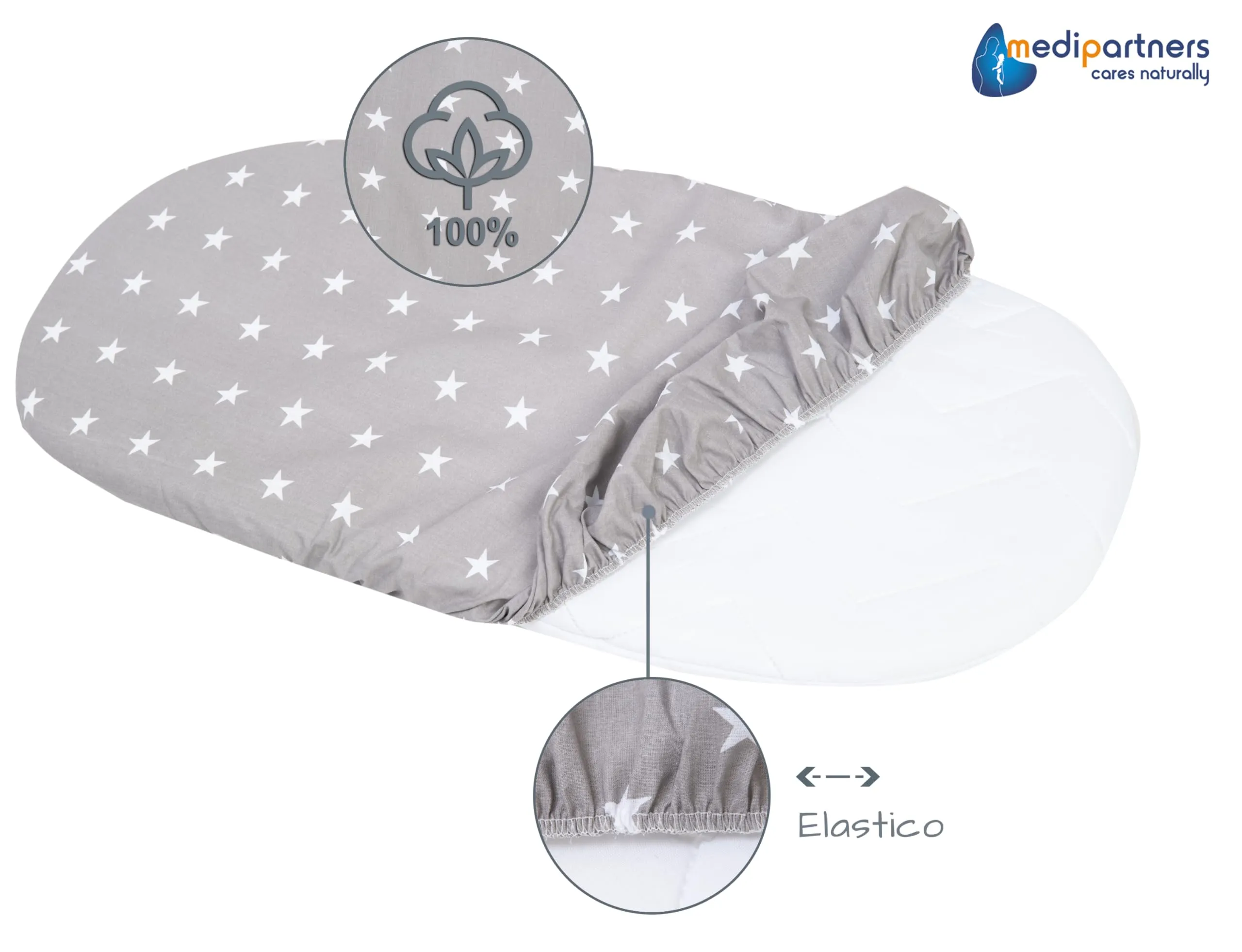 Medi Partners Lenzuola Lettino Culla 86x40 Set 3, 100% Cotone, Stelle Su Grigio-Bianco-Grigio - immagine 5