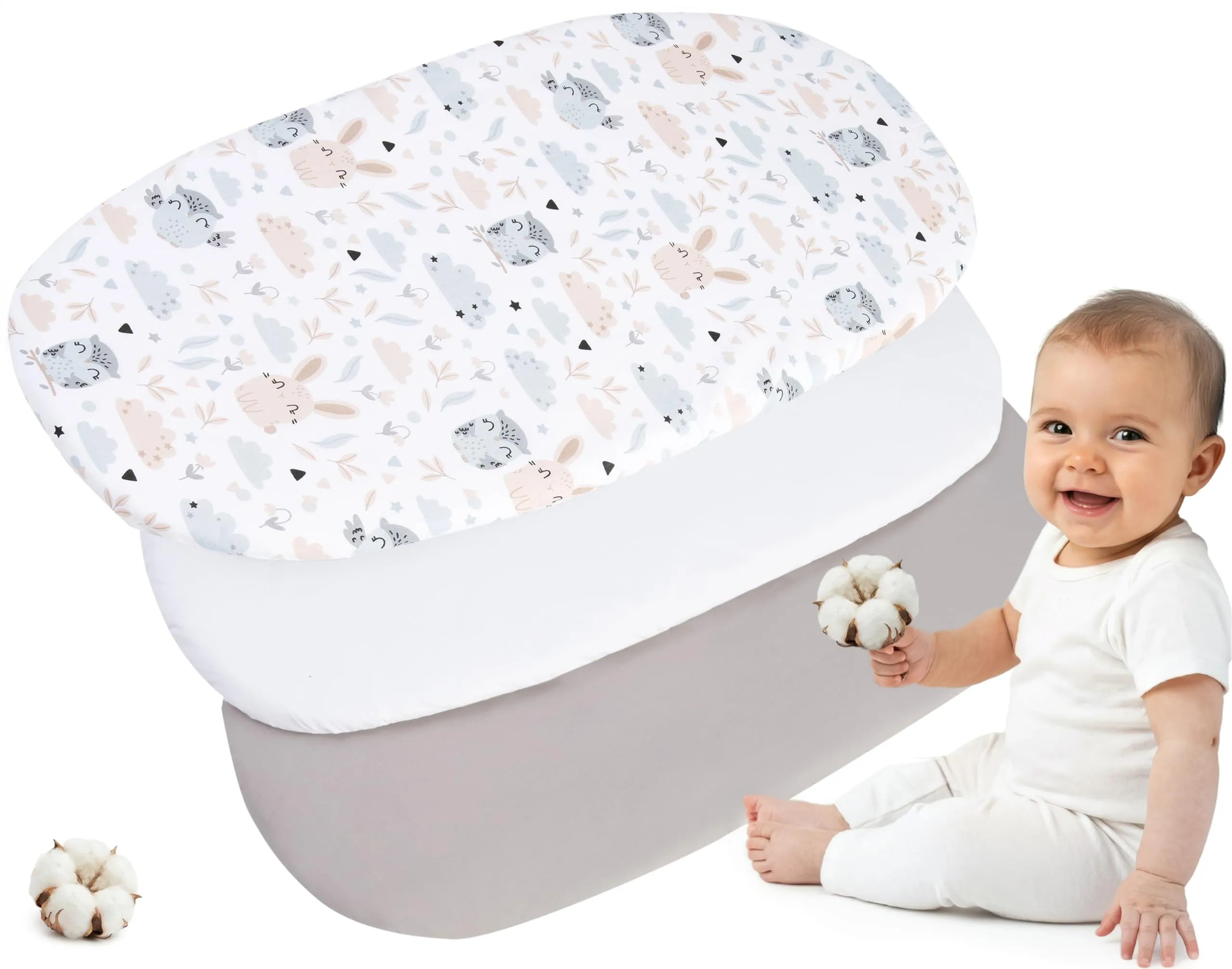 Medi Partners Lenzuola Lettino Culla 86x40 Set 3, 100% Cotone, Radura con Animali-Bianco-Grigio - immagine 1